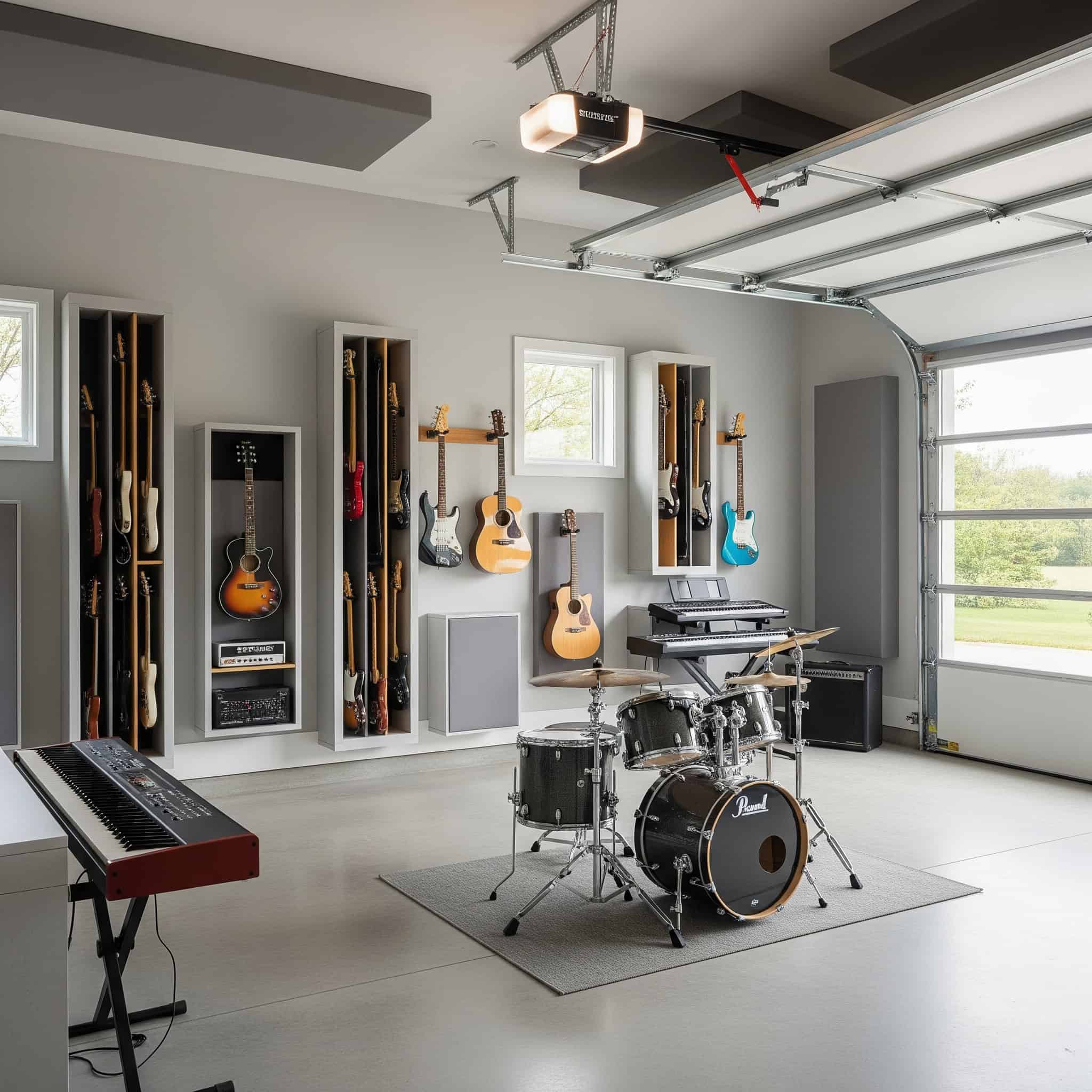 Garage studio with vertical instrument storage.