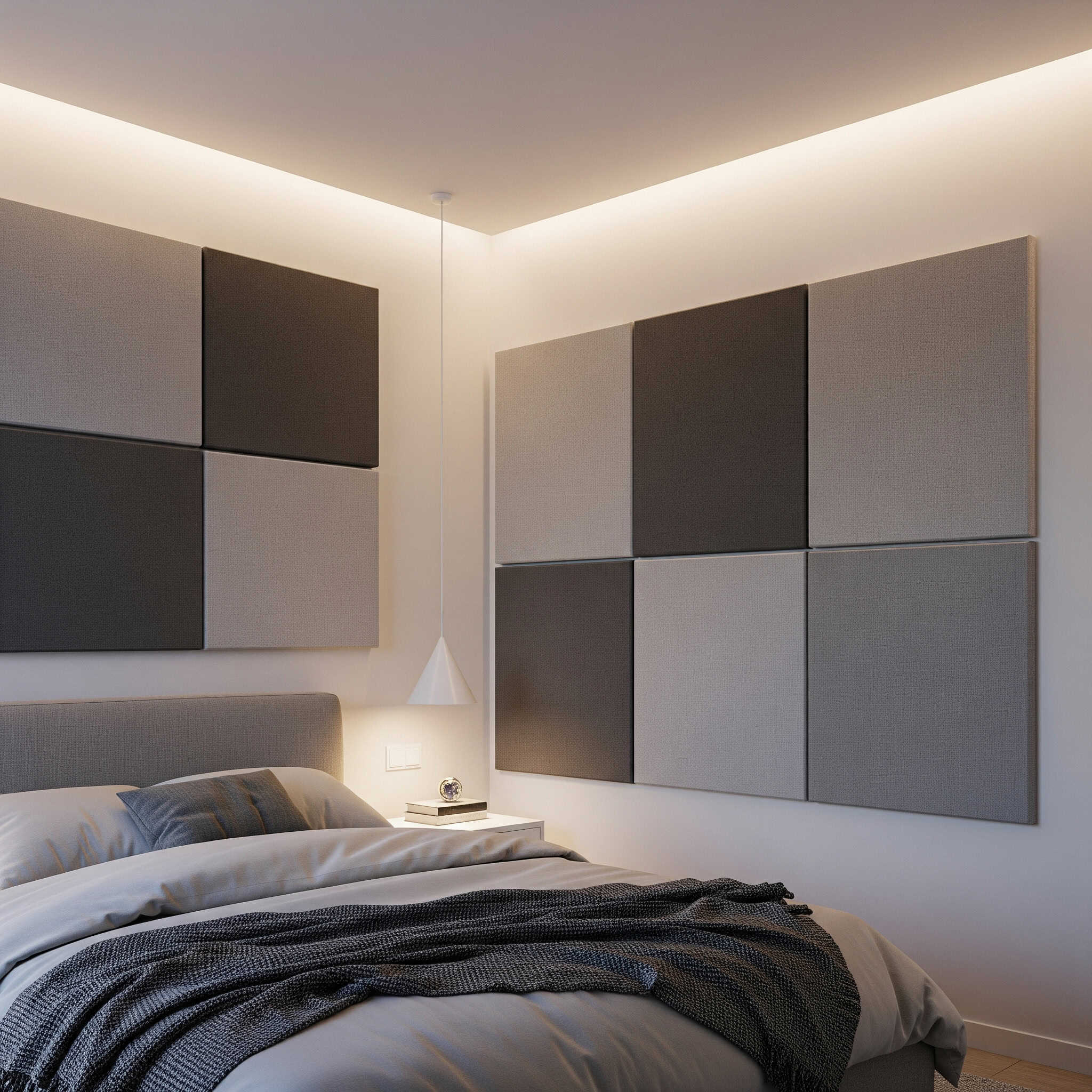 Acoustic wall paneling in bedroom.