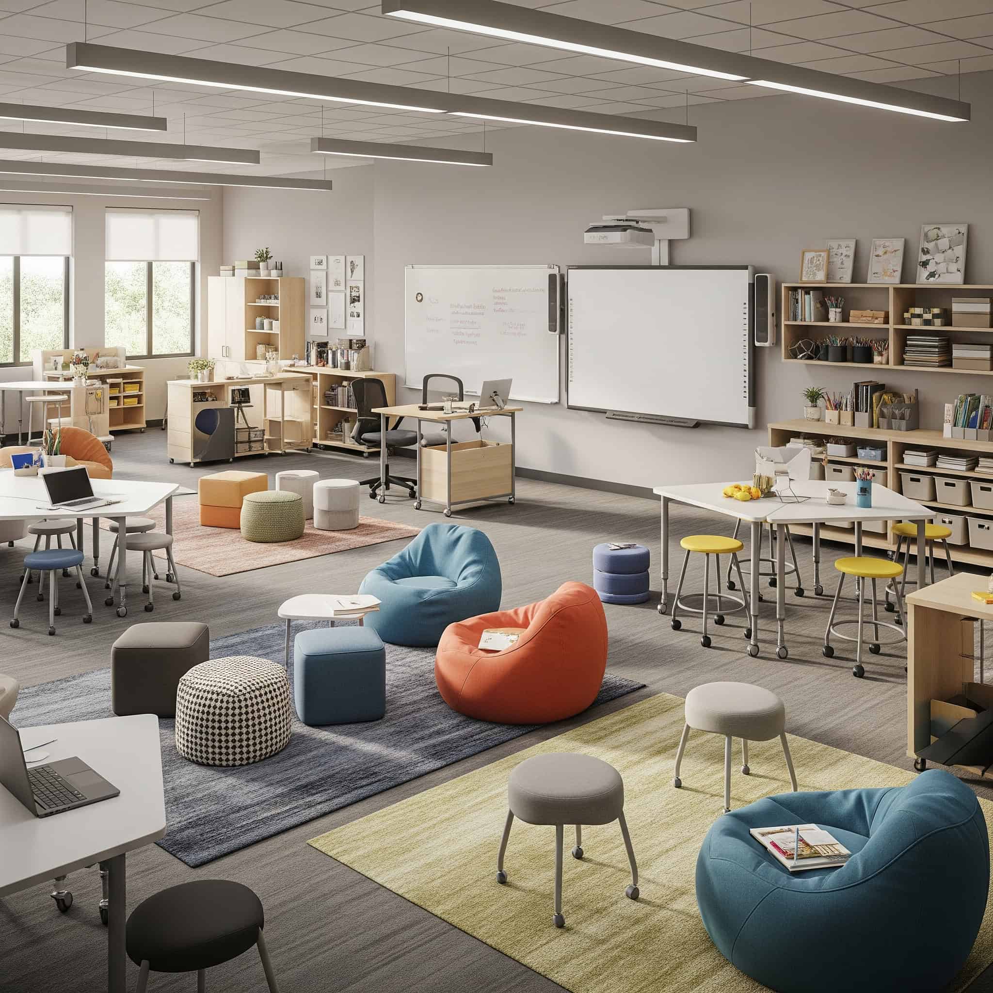 Create an educational environment with flexible seating, whiteboard or presentation areas, supply storage, and a comfortable learning atmosphere that supports various teaching and learning activities.