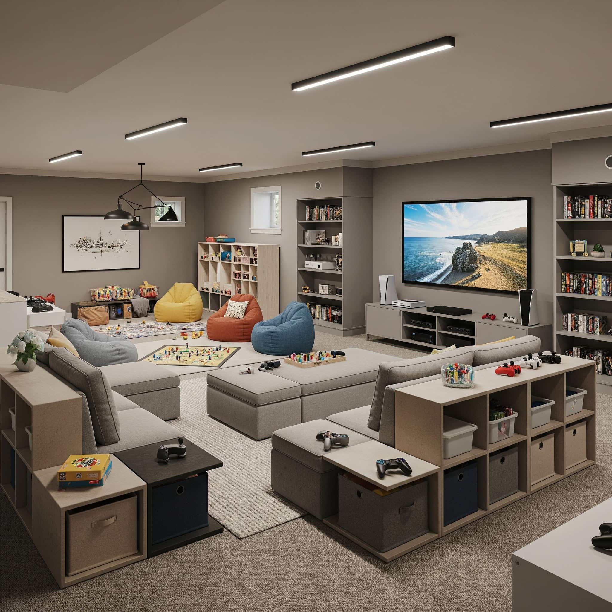 A versatile basement game room with a neutral color palette and modular design elements, showcasing a variety of entertainment options.