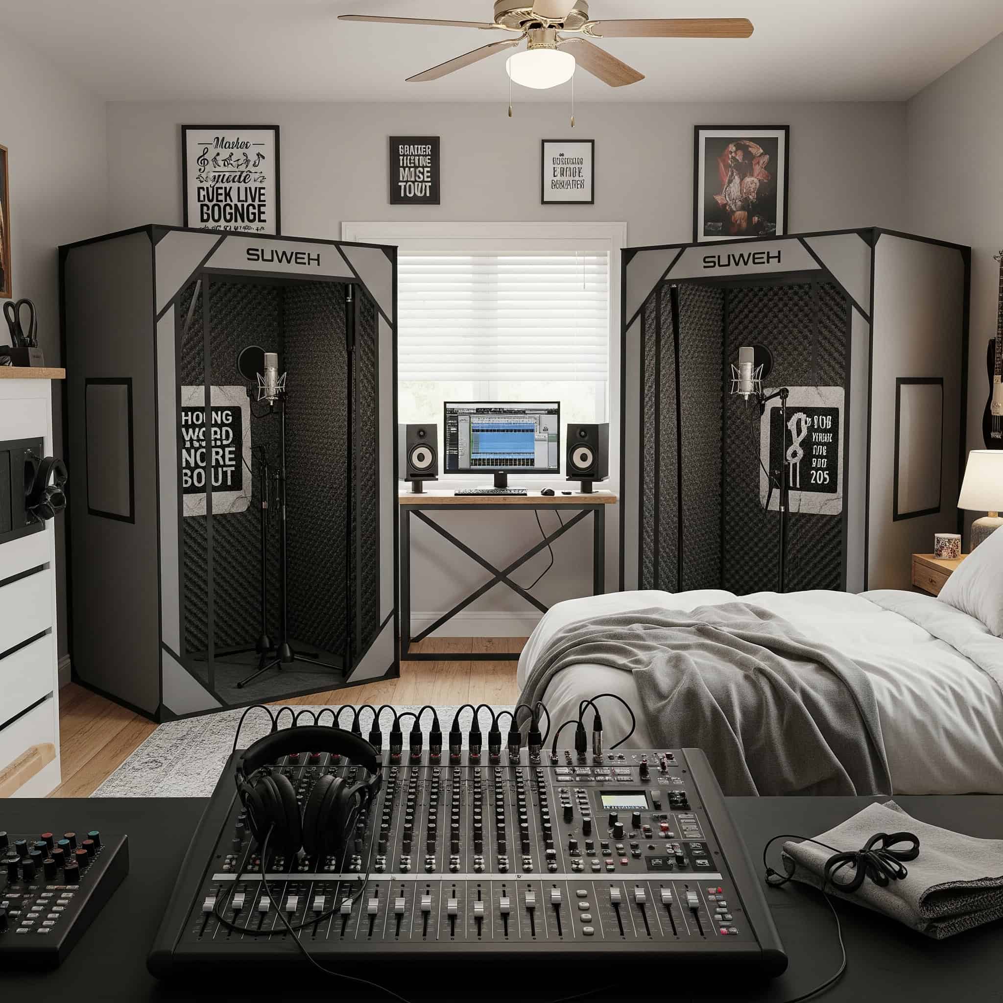 Portable vocal booths in a bedroom recording studio