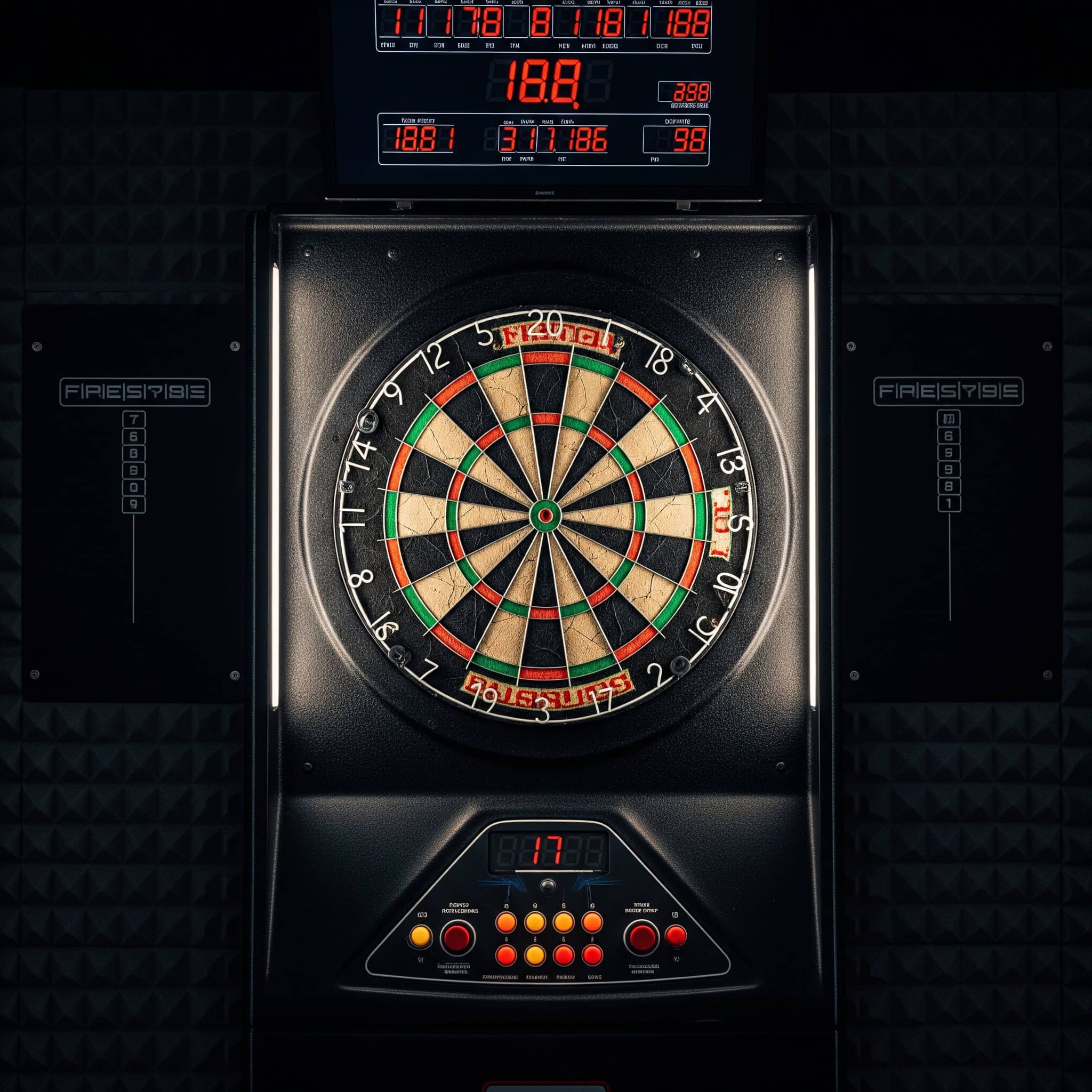 A professional dart setup featuring a classic bristle dartboard with a vibrant, multicolored design against a backdrop of sleek, dark-grey wall protection