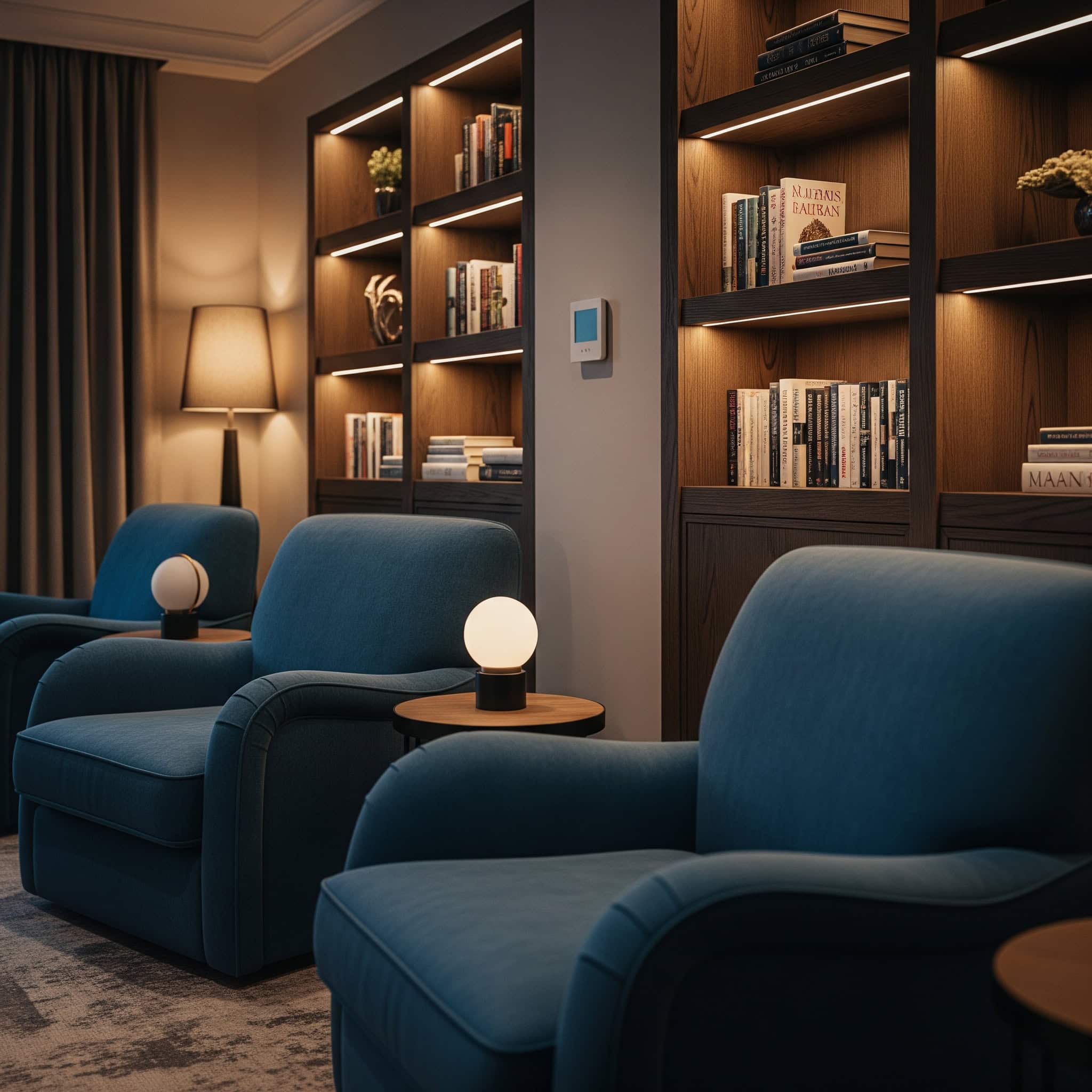 Design a cozy reading space with comfortable seating, excellent lighting, built-in bookshelves, and climate control