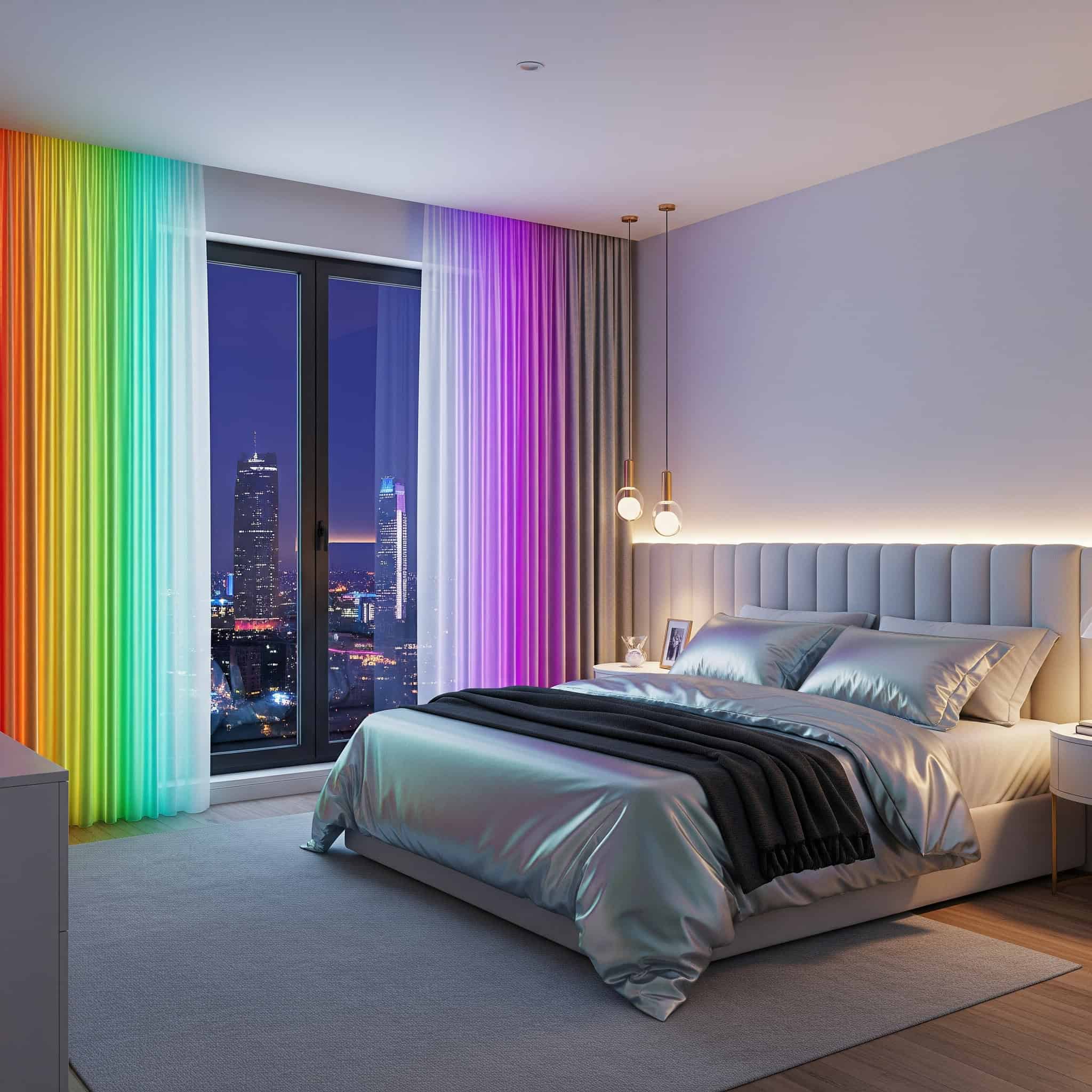 A modern 2025 bedroom with color-changing or iridescent fabric curtains