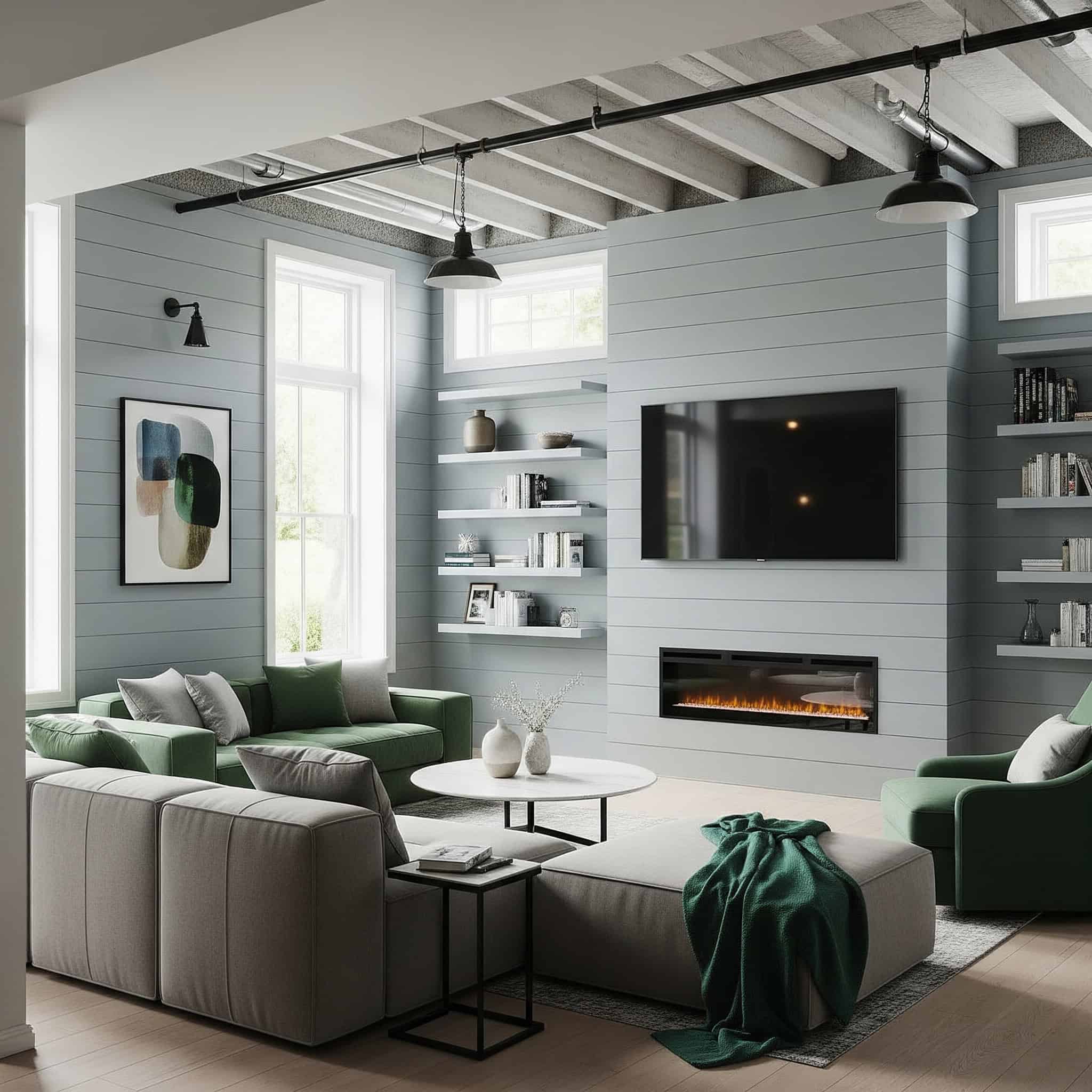  A modern 2025 basement with shiplap walls