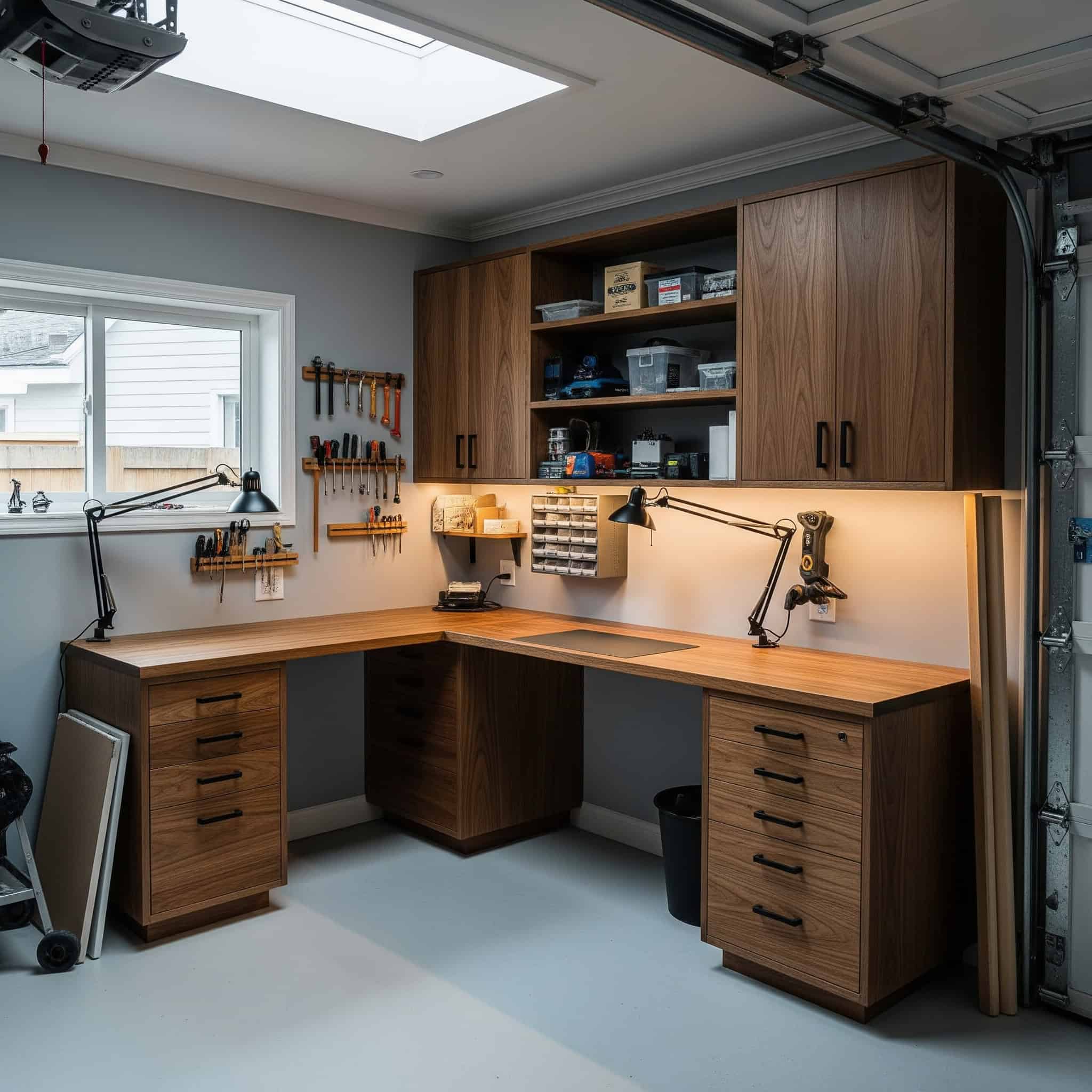 Garage studio with a custom built-in workstation.