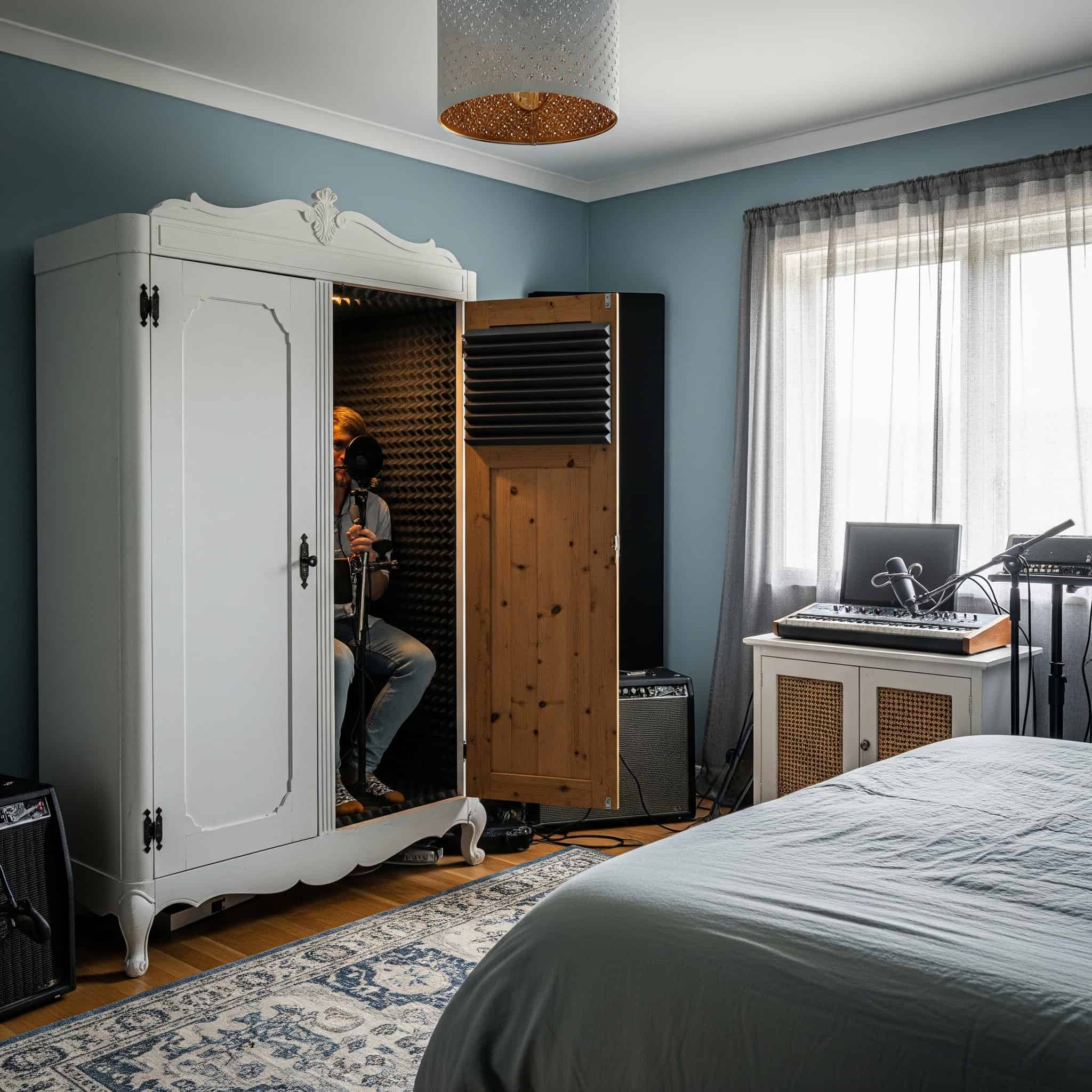 Repurposed furniture in a bedroom recording studio.