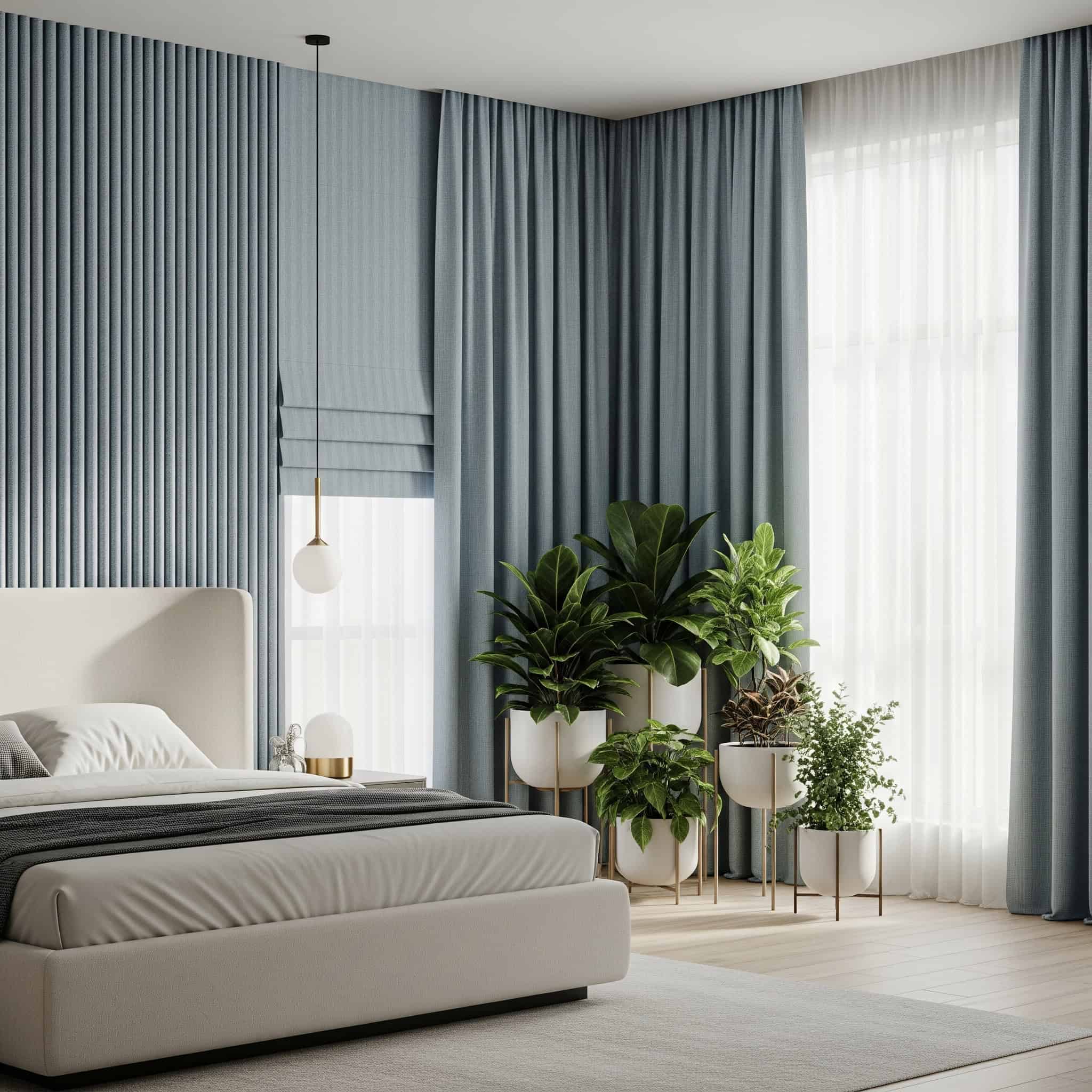 A modern 2025 bedroom with split-function curtains