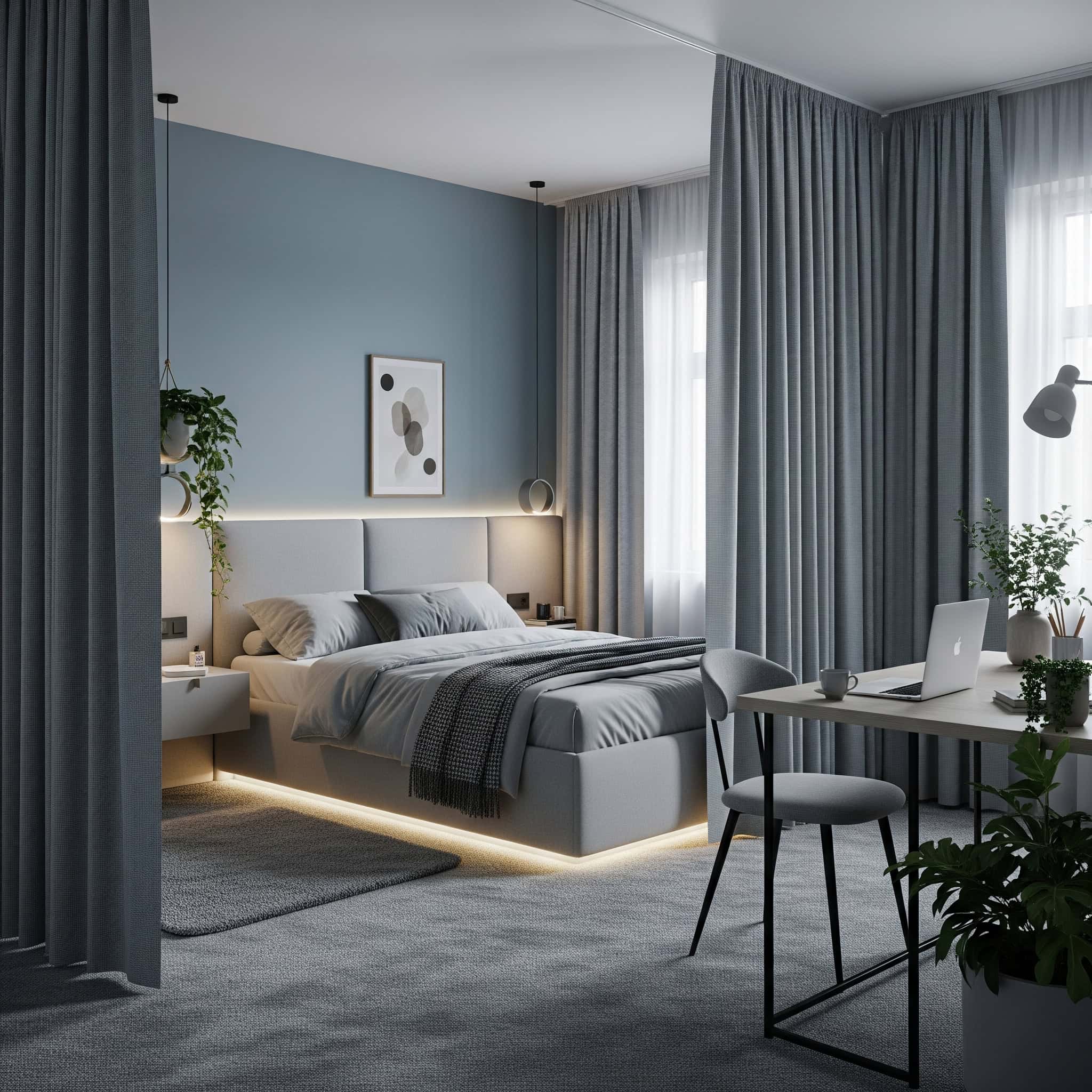 A serene 2025 bedroom with noise-reducing curtains