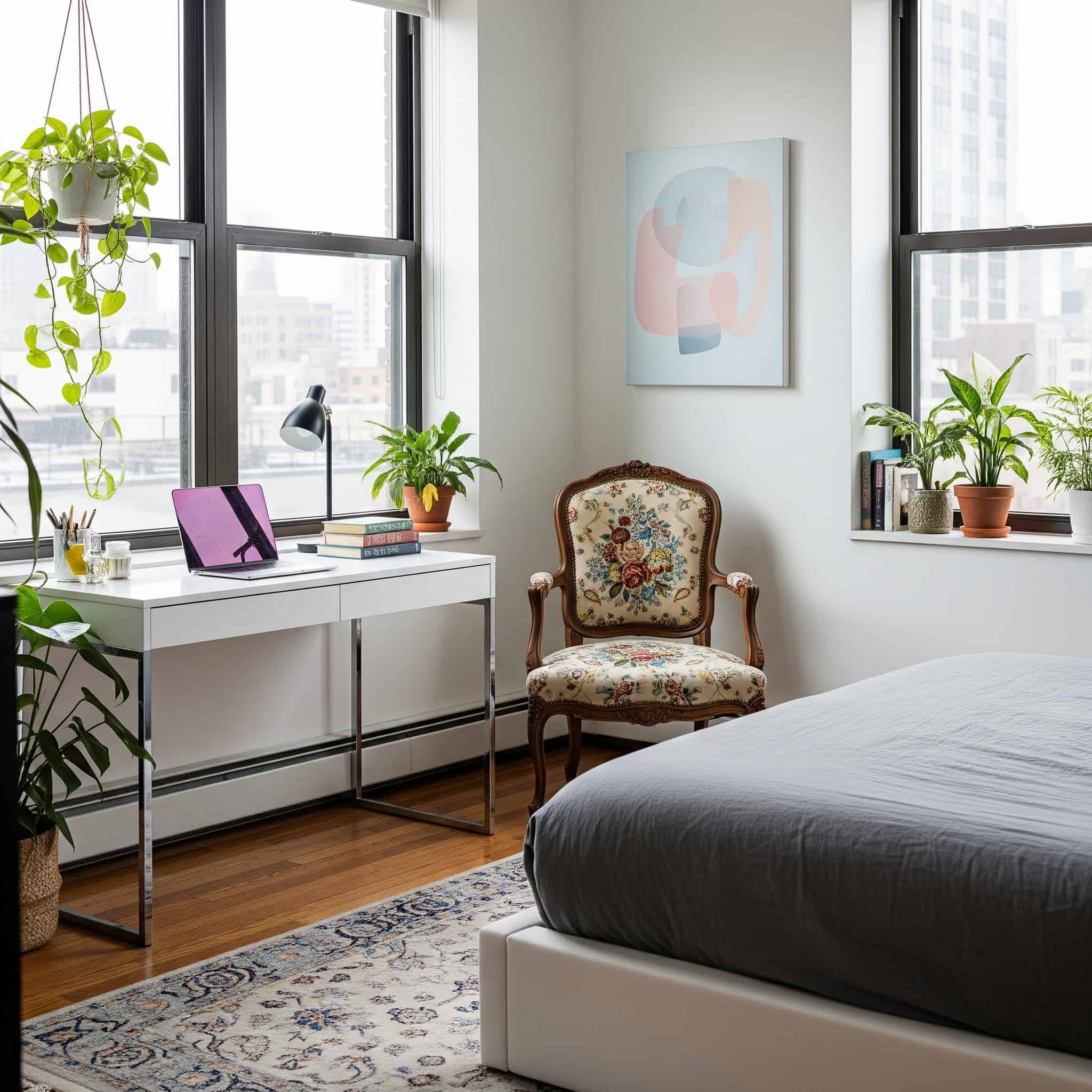 Urban bedroom with a balance of vintage and modern elements, featuring a statement vintage piece and simpler complementary items.