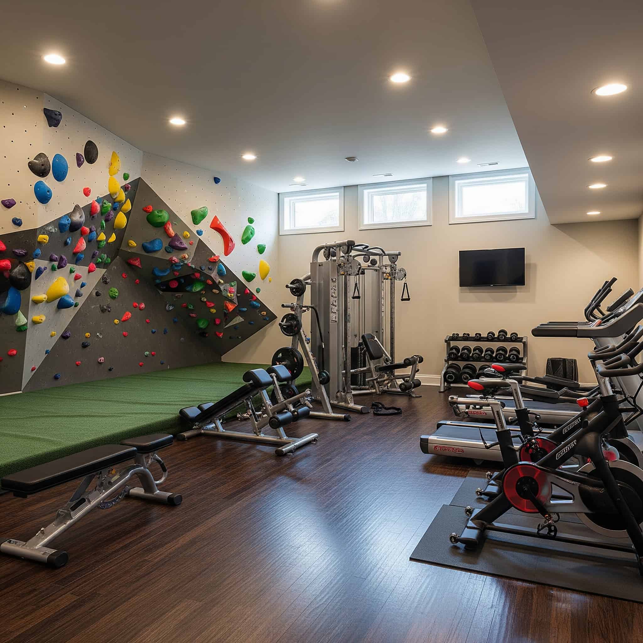 Well-designed basement gym with a climbing and bouldering wall