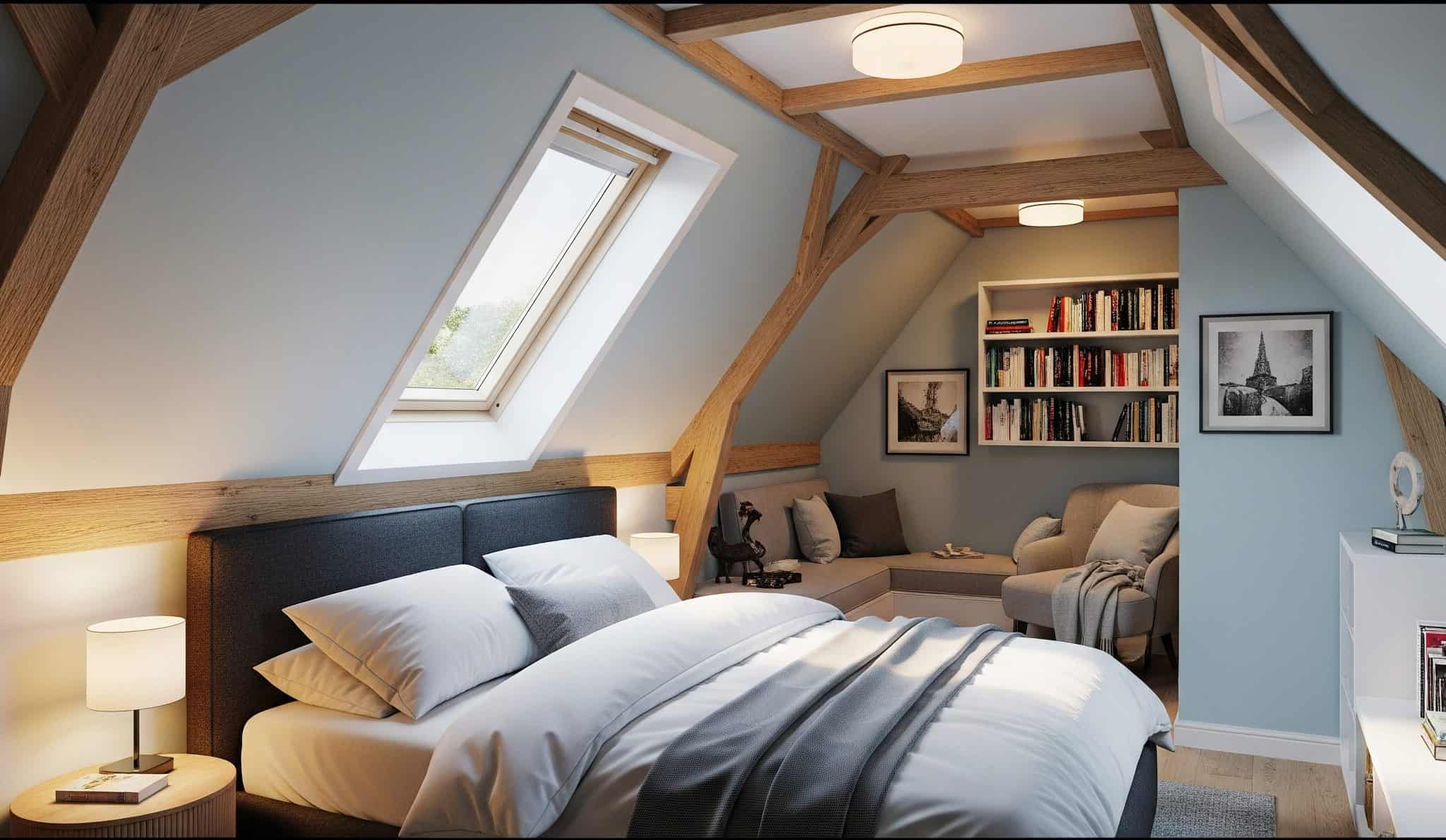  L-shaped loft bedroom with zones