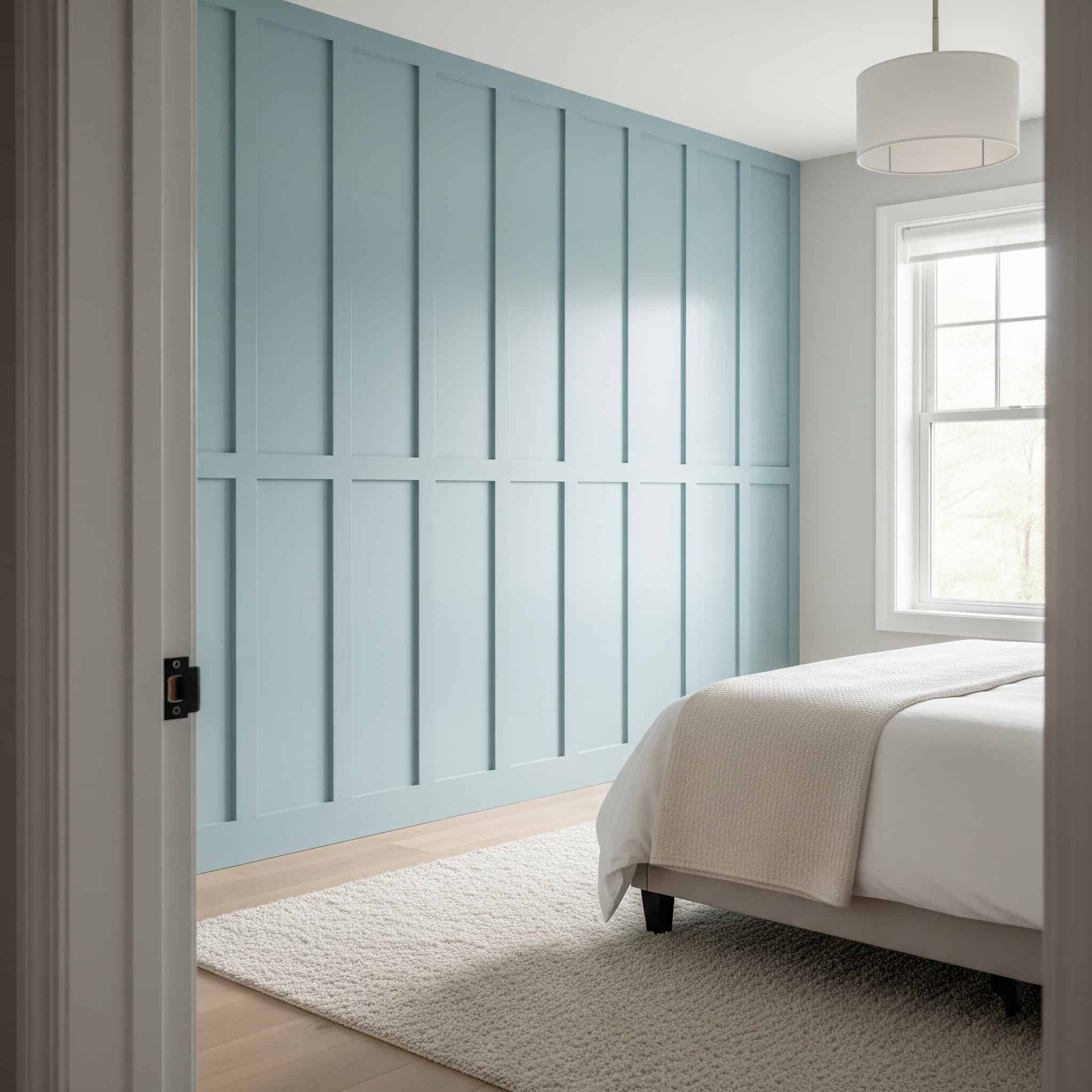 Bedroom with a board and batten accent wall.