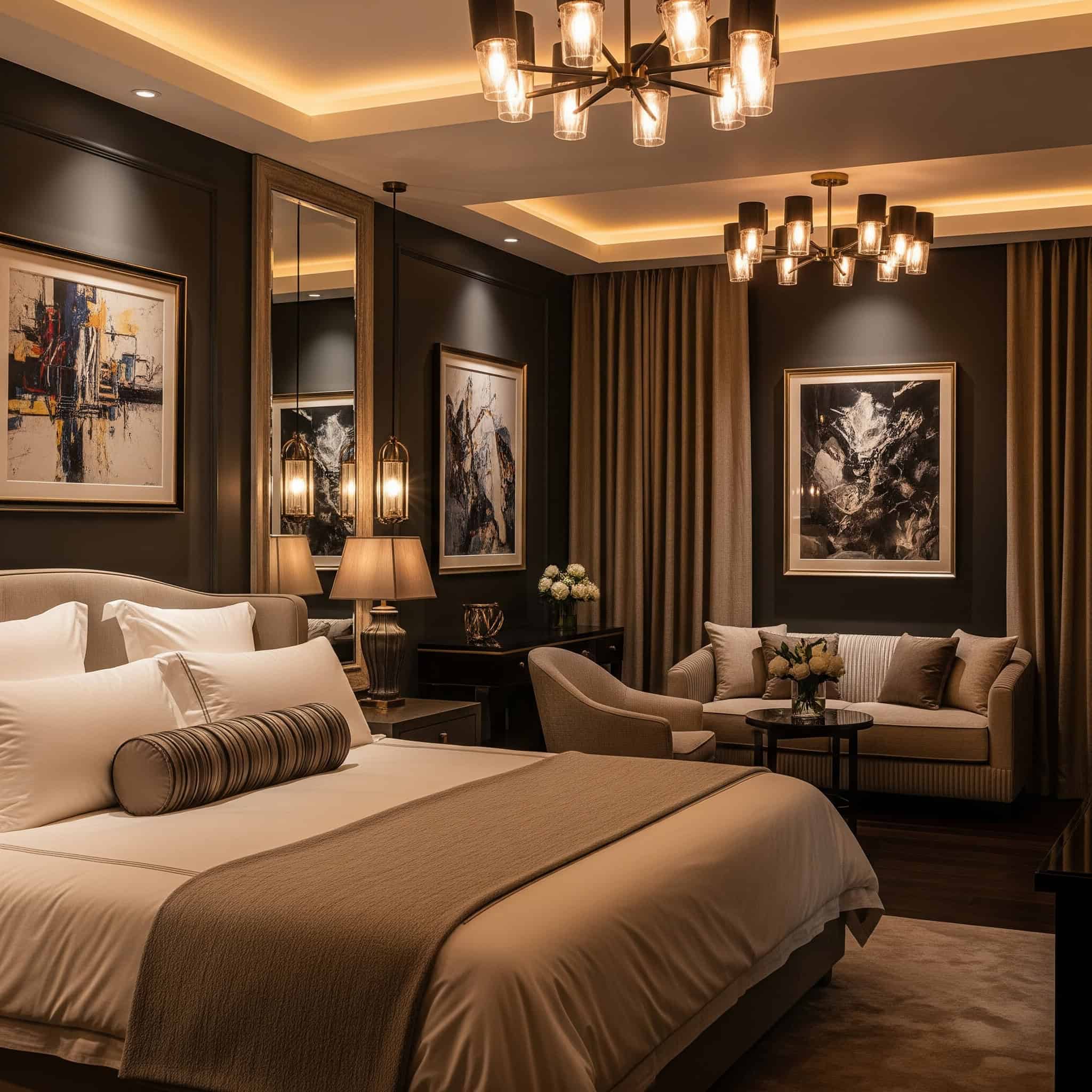 Elevated lighting and ambiance in luxury bedroom.