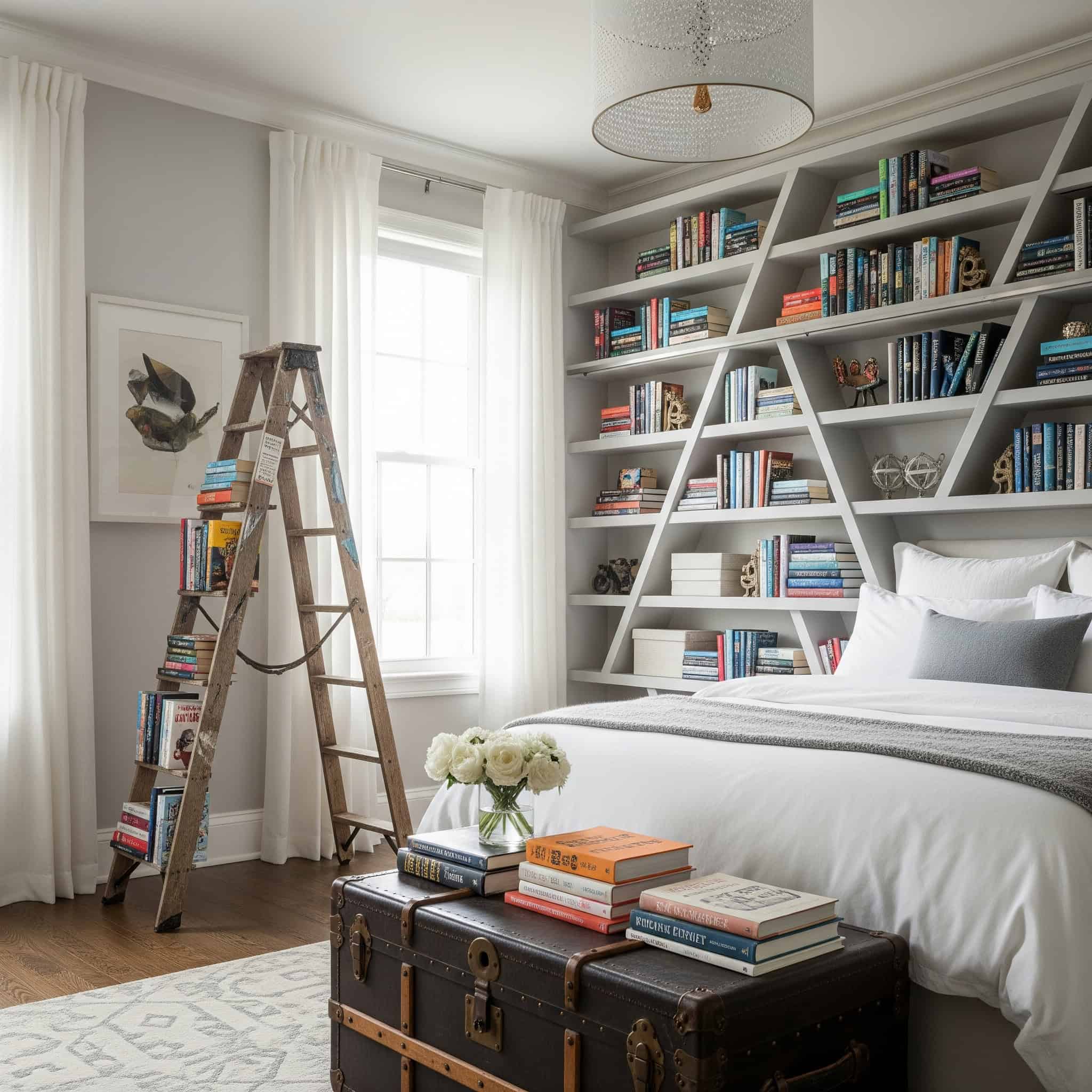 A modern bedroom featuring a built-in geometric bookshelf, a repurposed ladder bookcase, and a vintage trunk coffee table, all displaying a diverse collection of books