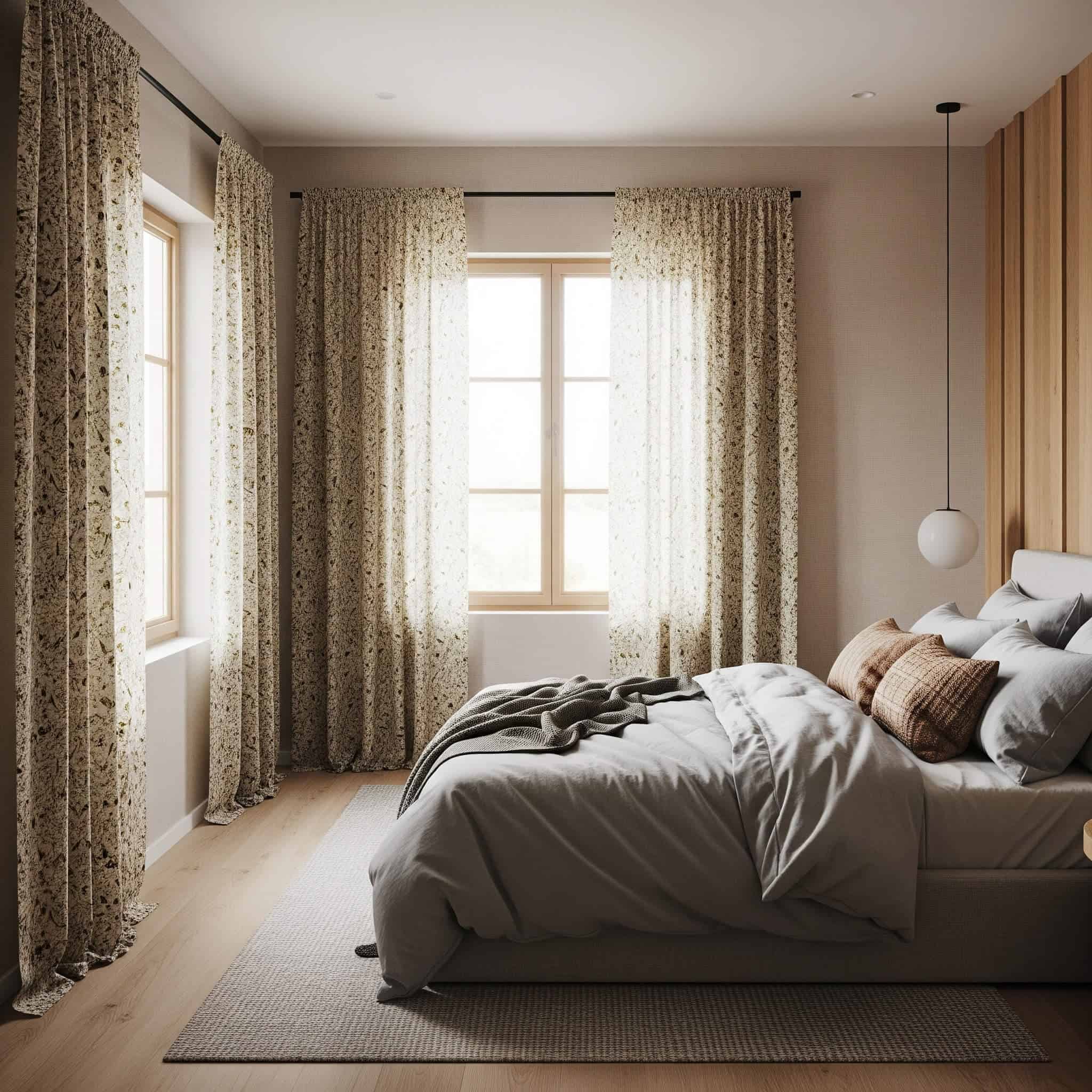A modern 2025 bedroom with recycled fiber curtains