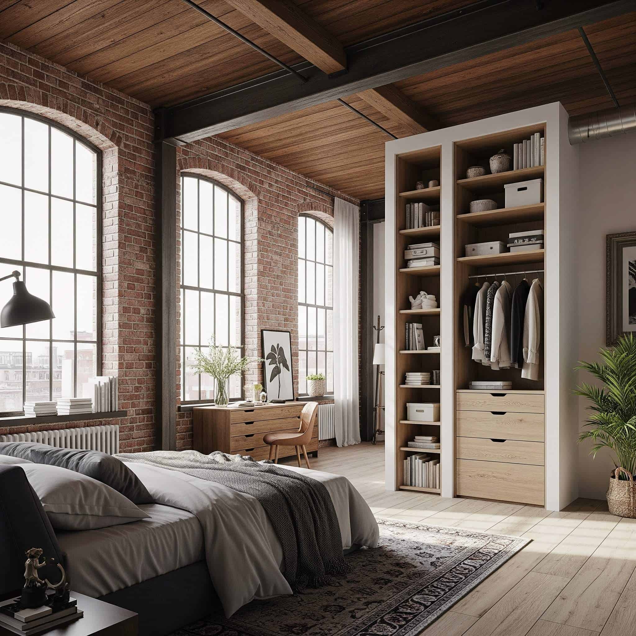 Beautiful loft bedroom with custom storage