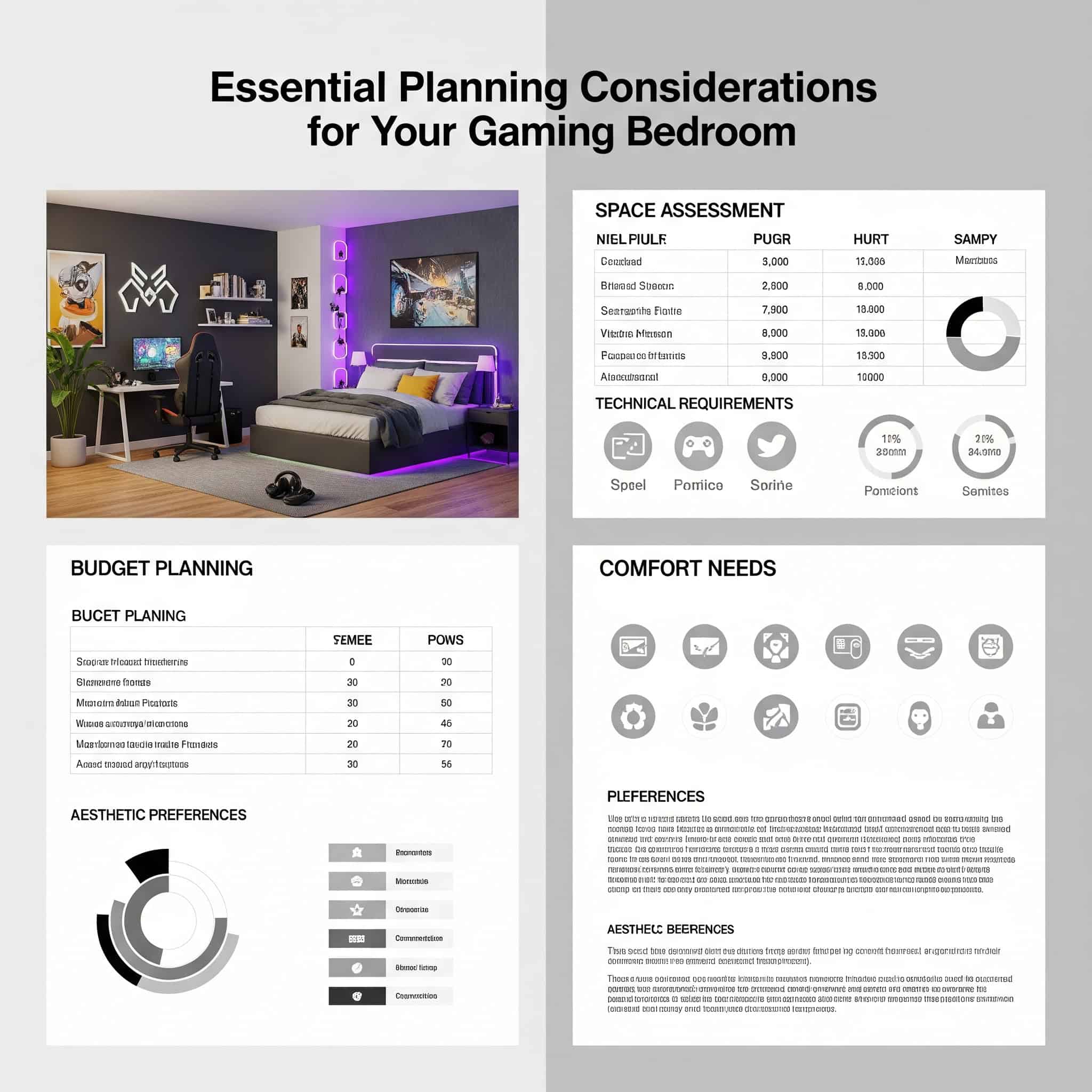 ssential Planning Considerations for Your Gaming Bedroom, space assessment, budget planning, technical requirements, comfort needs, and aesthetic preferences