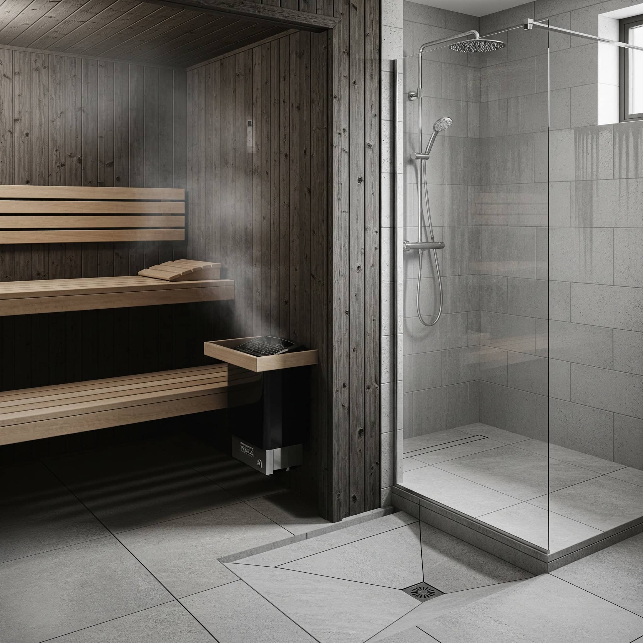 A basement sauna built adjacent to a shower, sharing a common drainage system