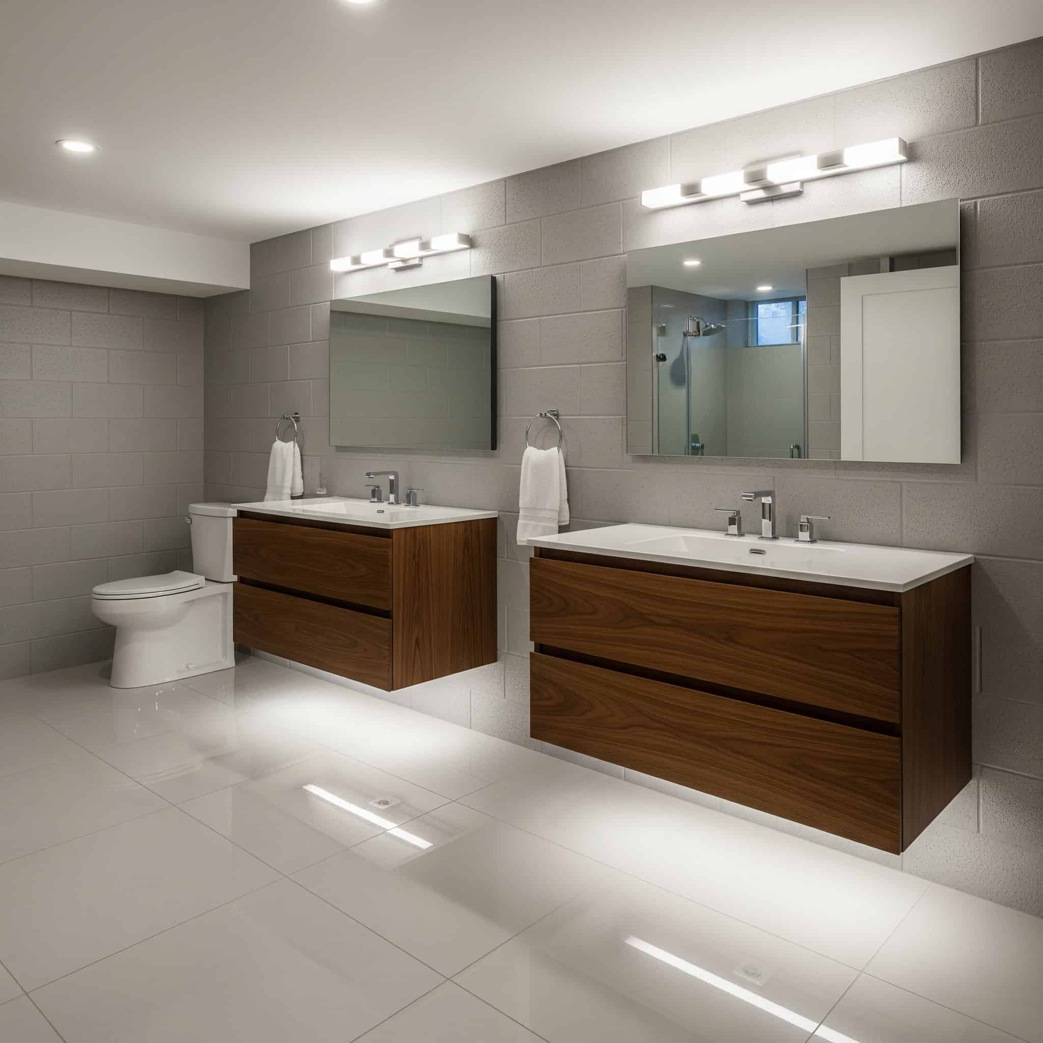 Floating vanities in a basement bathroom.