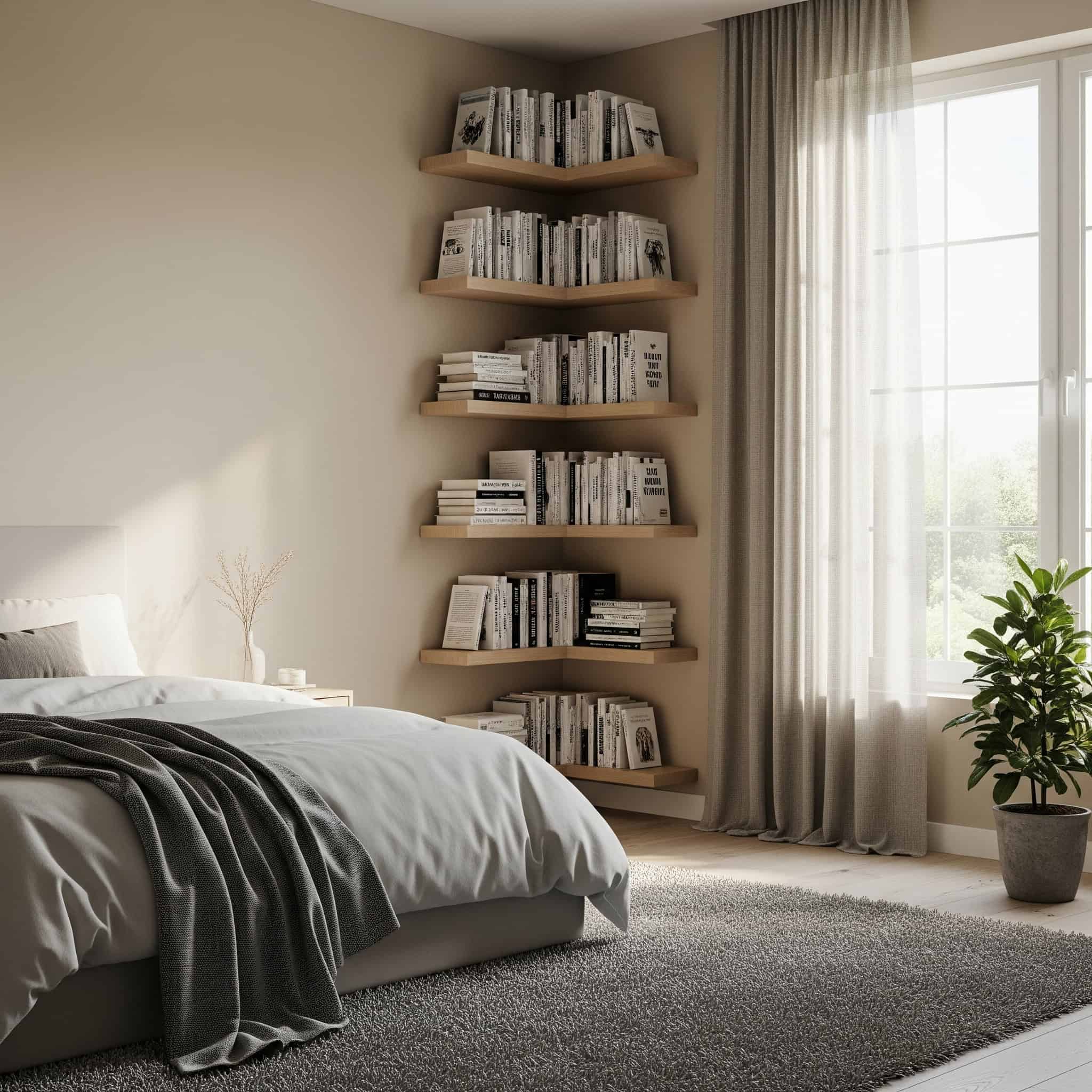 A minimalist bedroom featuring light wood corner floating shelves displaying books, illuminated by natural light.