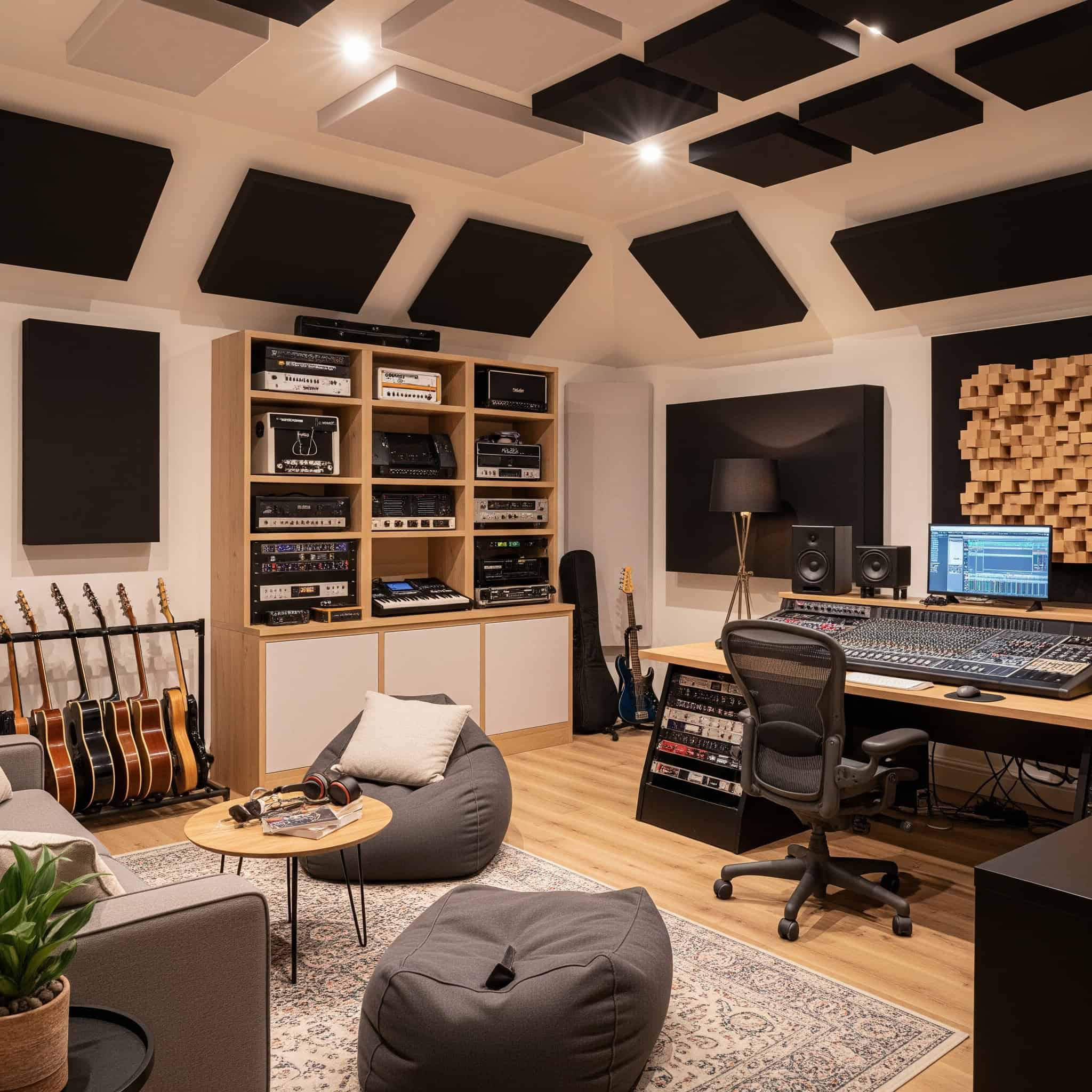 Design a soundproofed music space with instrument storage, acoustic treatments, recording capabilities, and comfortable seating.