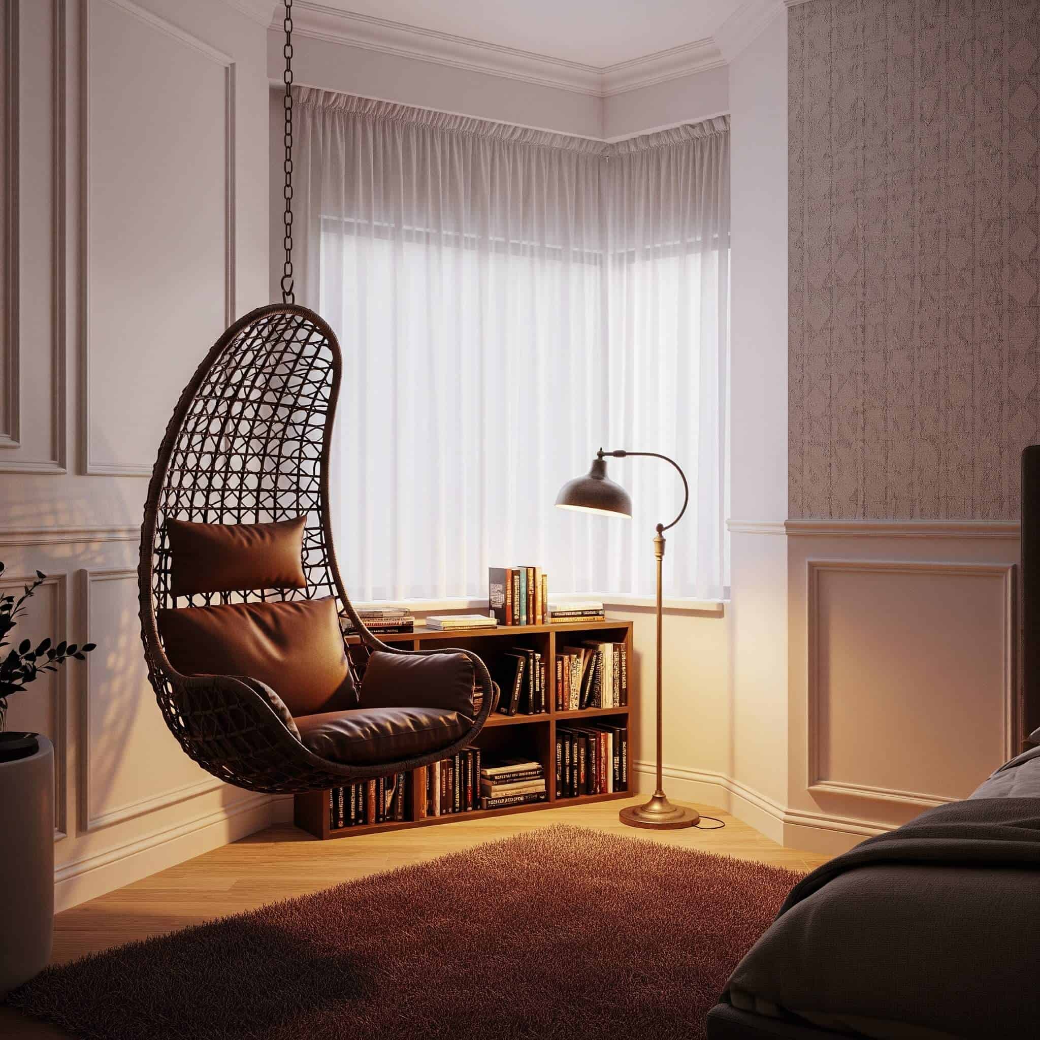 Hanging corner chair in a bedroom reading nook