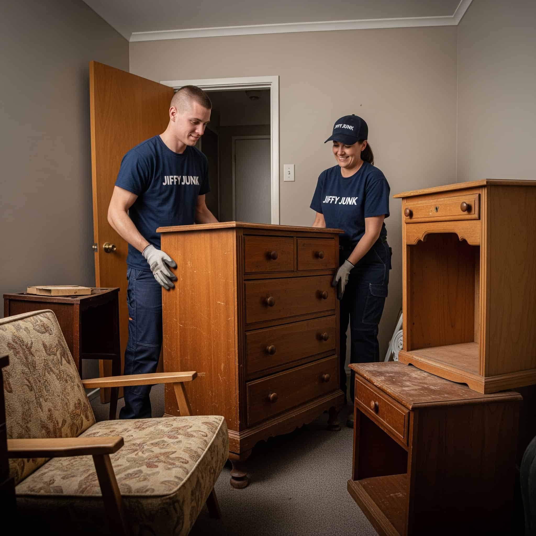 Jiffy Junk movers removing old furniture from a small bedroom.