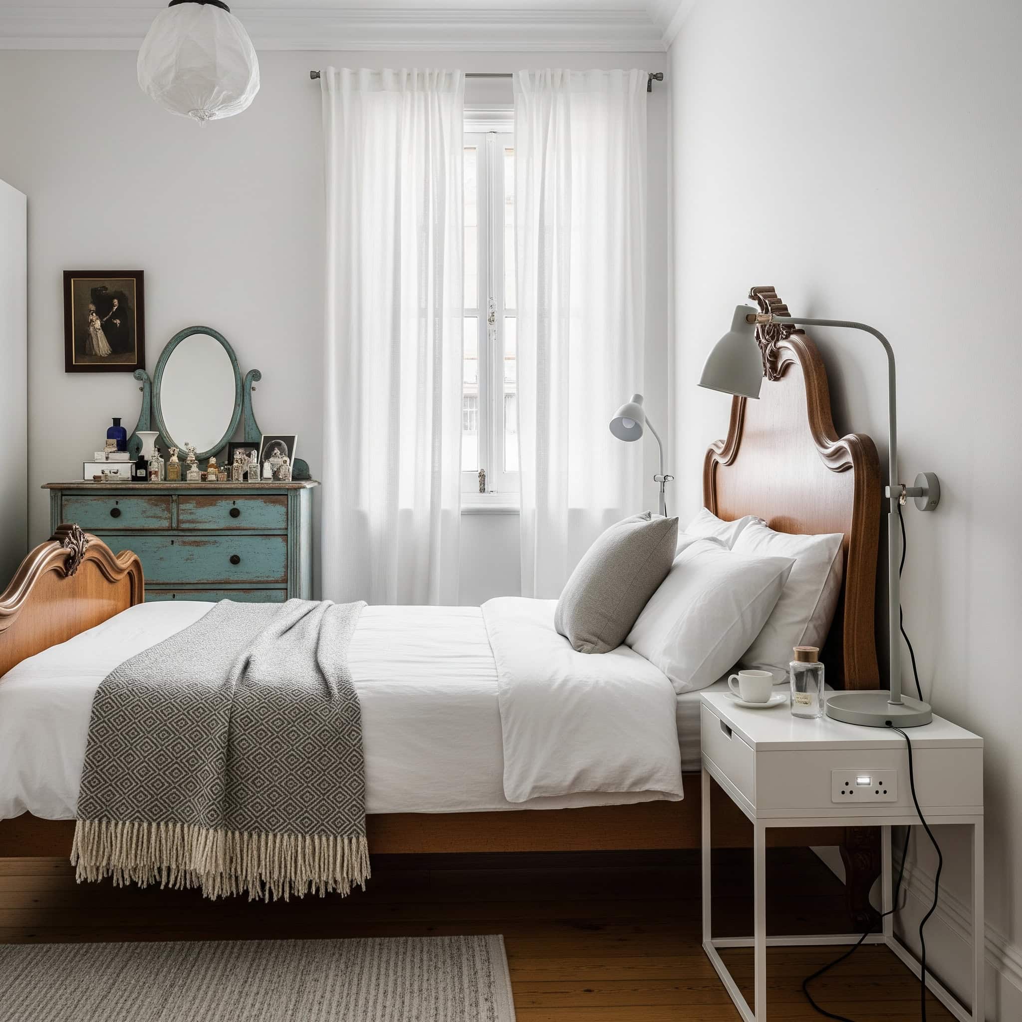 Vintage-inspired bedroom balancing authentic period elements with modern comforts and functionality