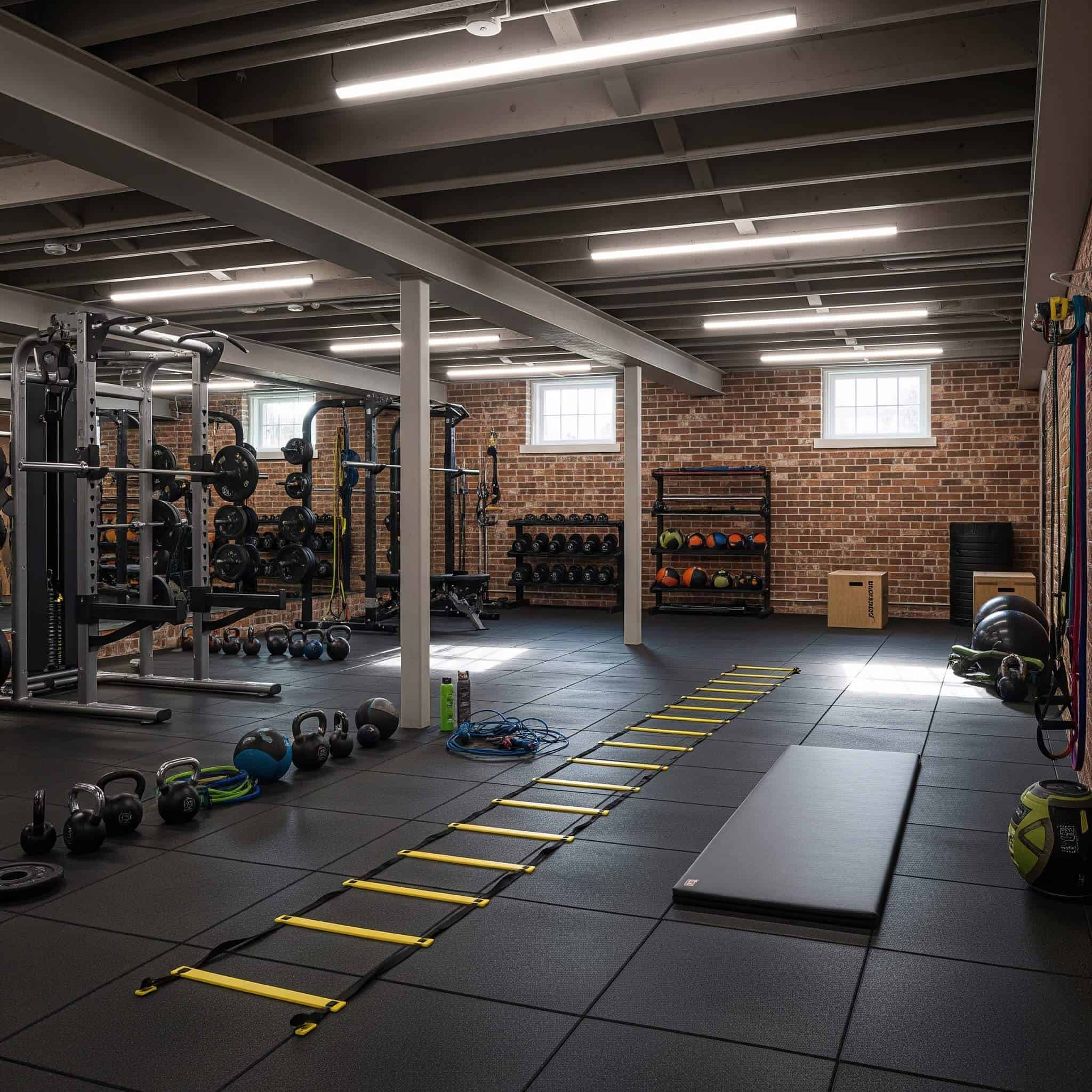 Well-organized basement gym with a dedicated functional training area