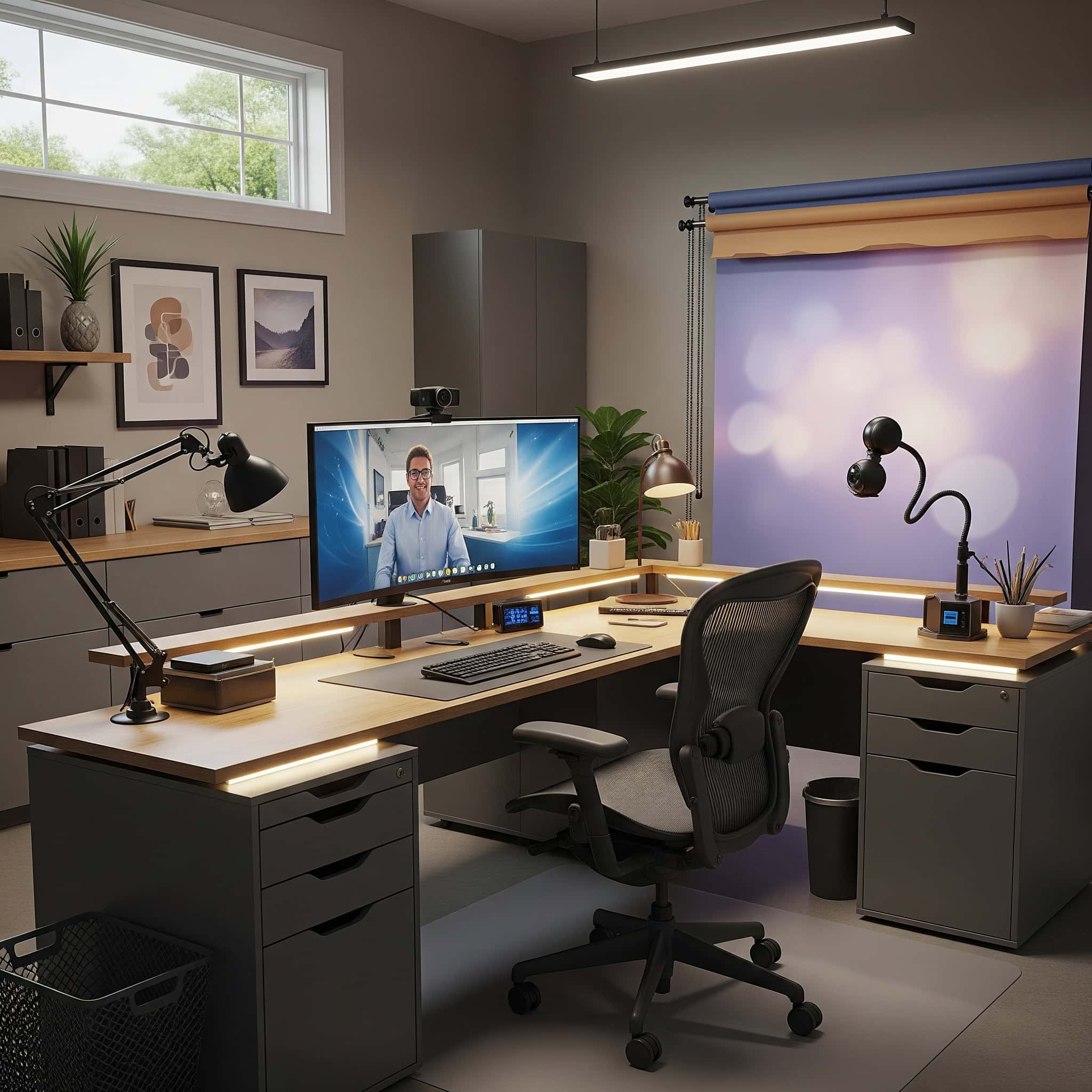 A well-lit and organized garage office space designed for video conferencing
