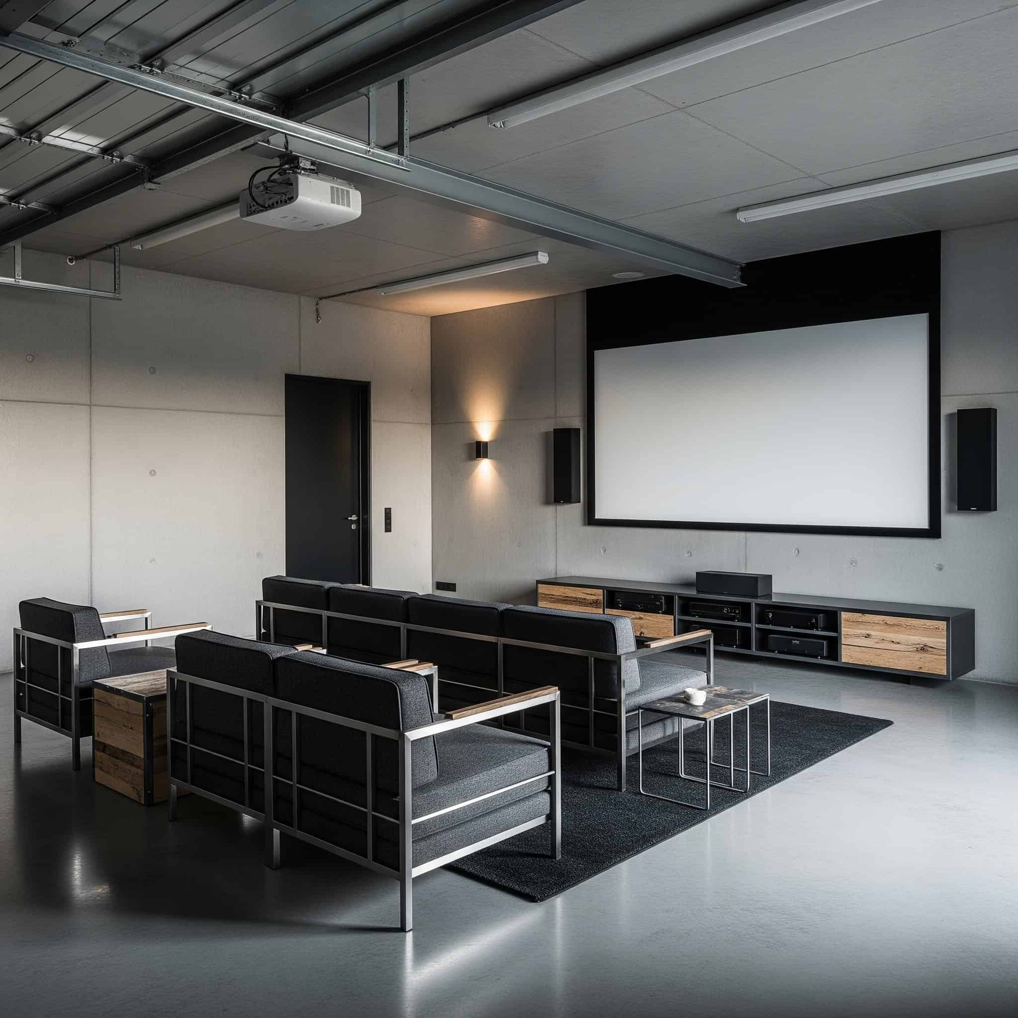 Minimalist industrial design in a garage home theater.