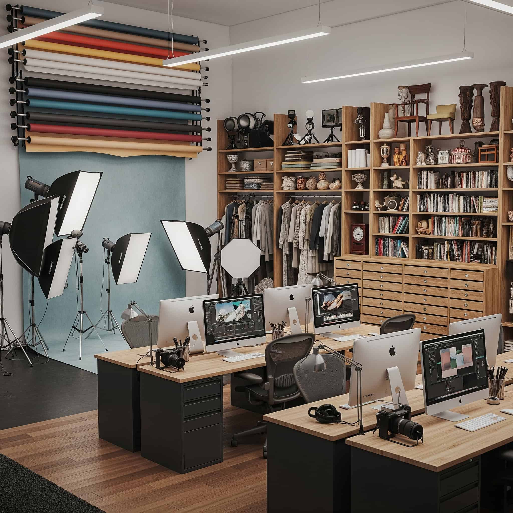 Design a photography workspace with backdrop systems, lighting equipment storage, prop organization, and editing stations