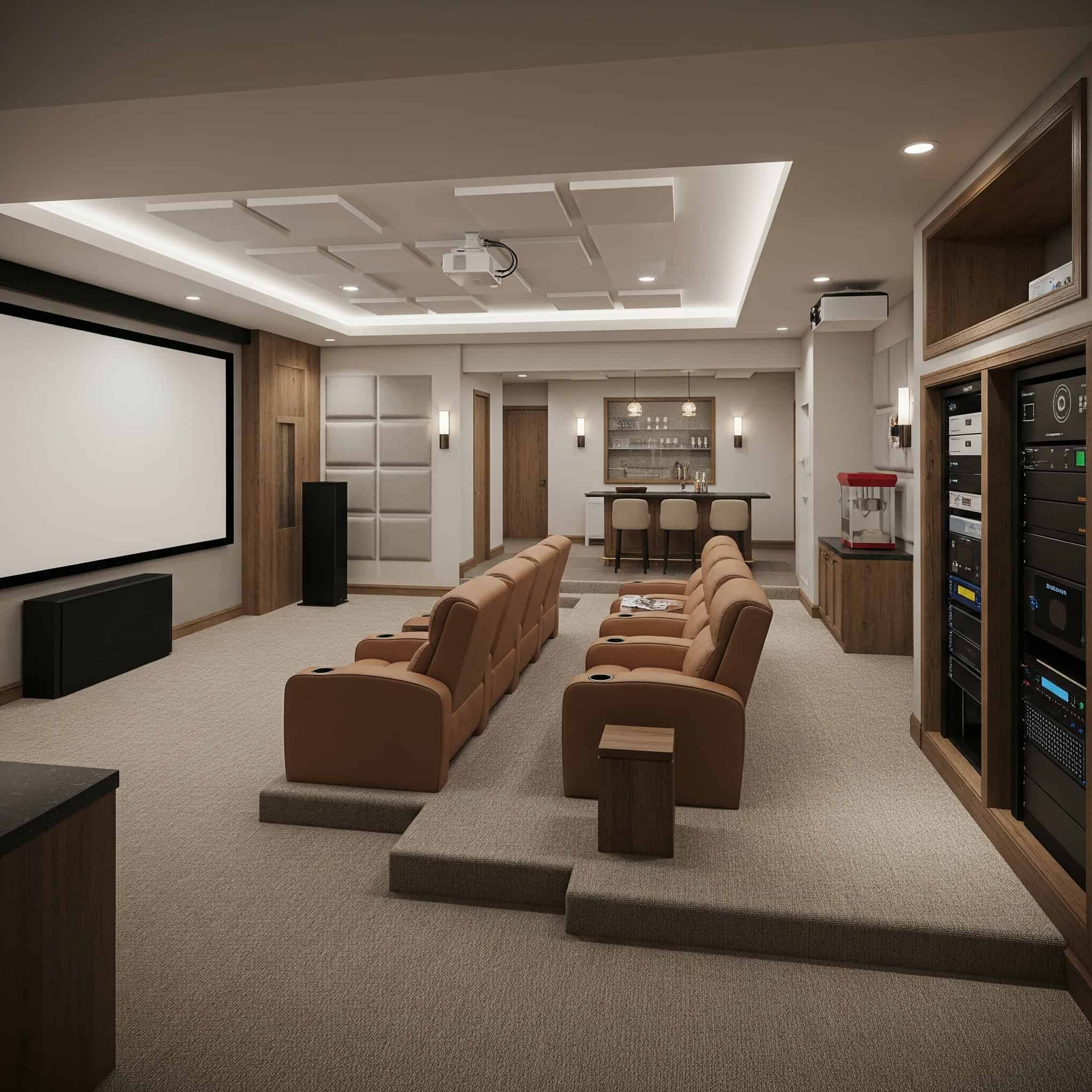 Detailed architectural drawing of a basement home theater design