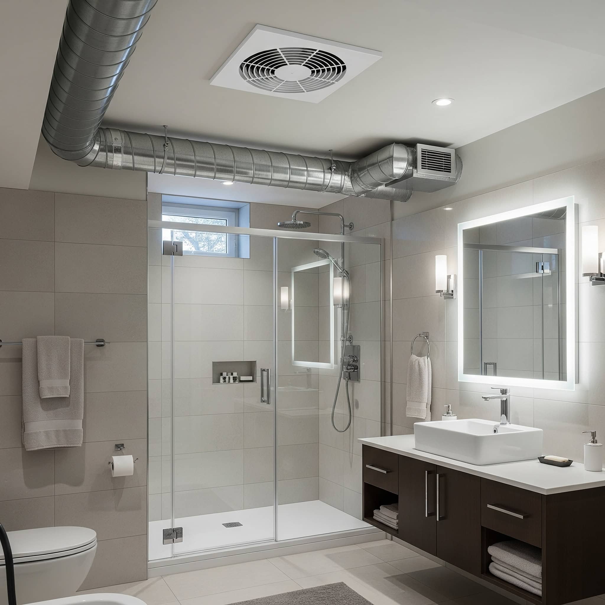 Premium ventilation systems in a basement bathroom.