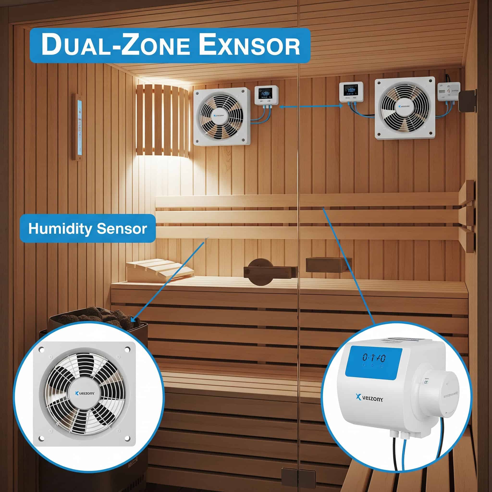 A dual-zone ventilation system installed in a basement sauna, showing separate intake and exhaust fans with humidity sensors.
