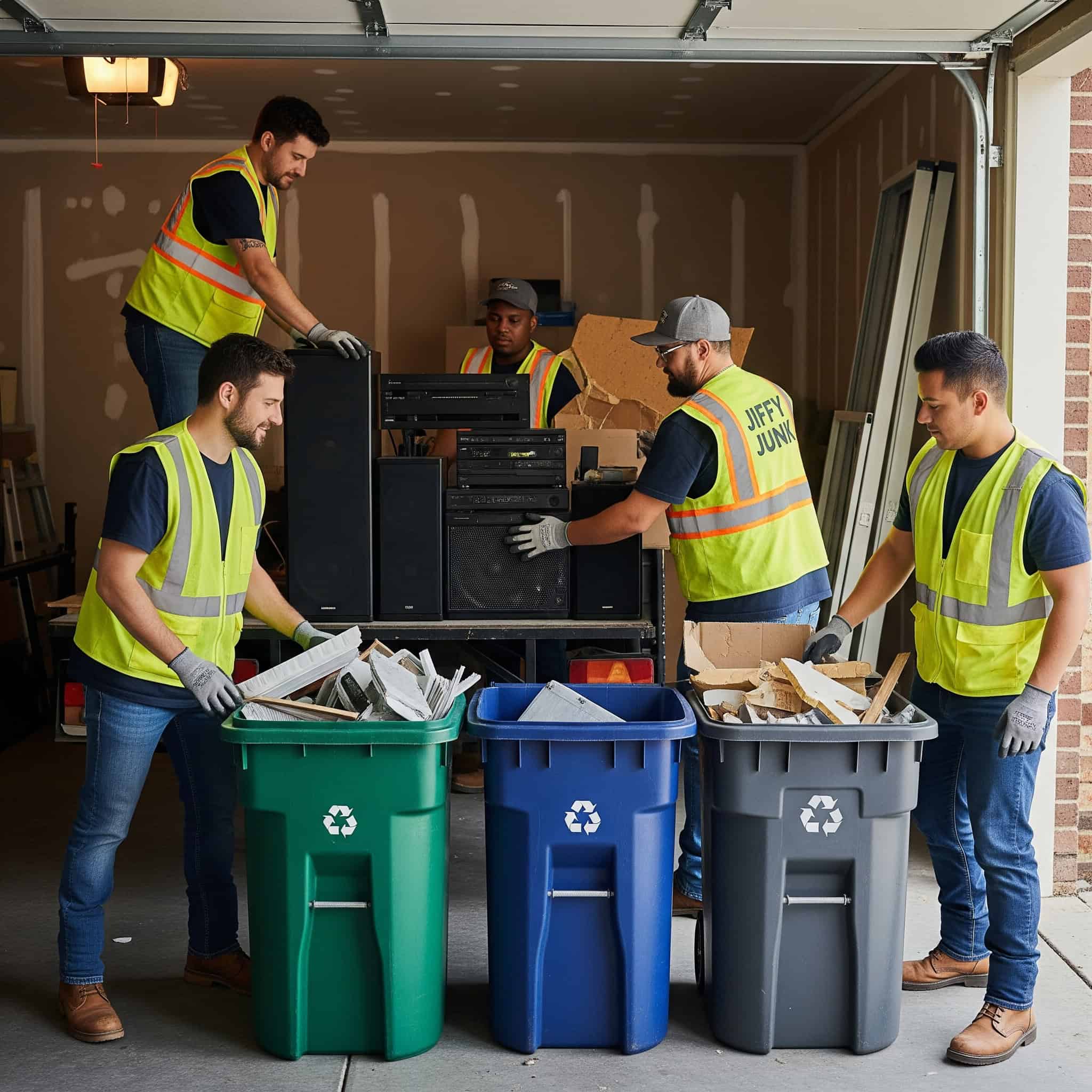 Jiffy Junk handling environmentally responsible disposal practices for a garage home theater renovation.