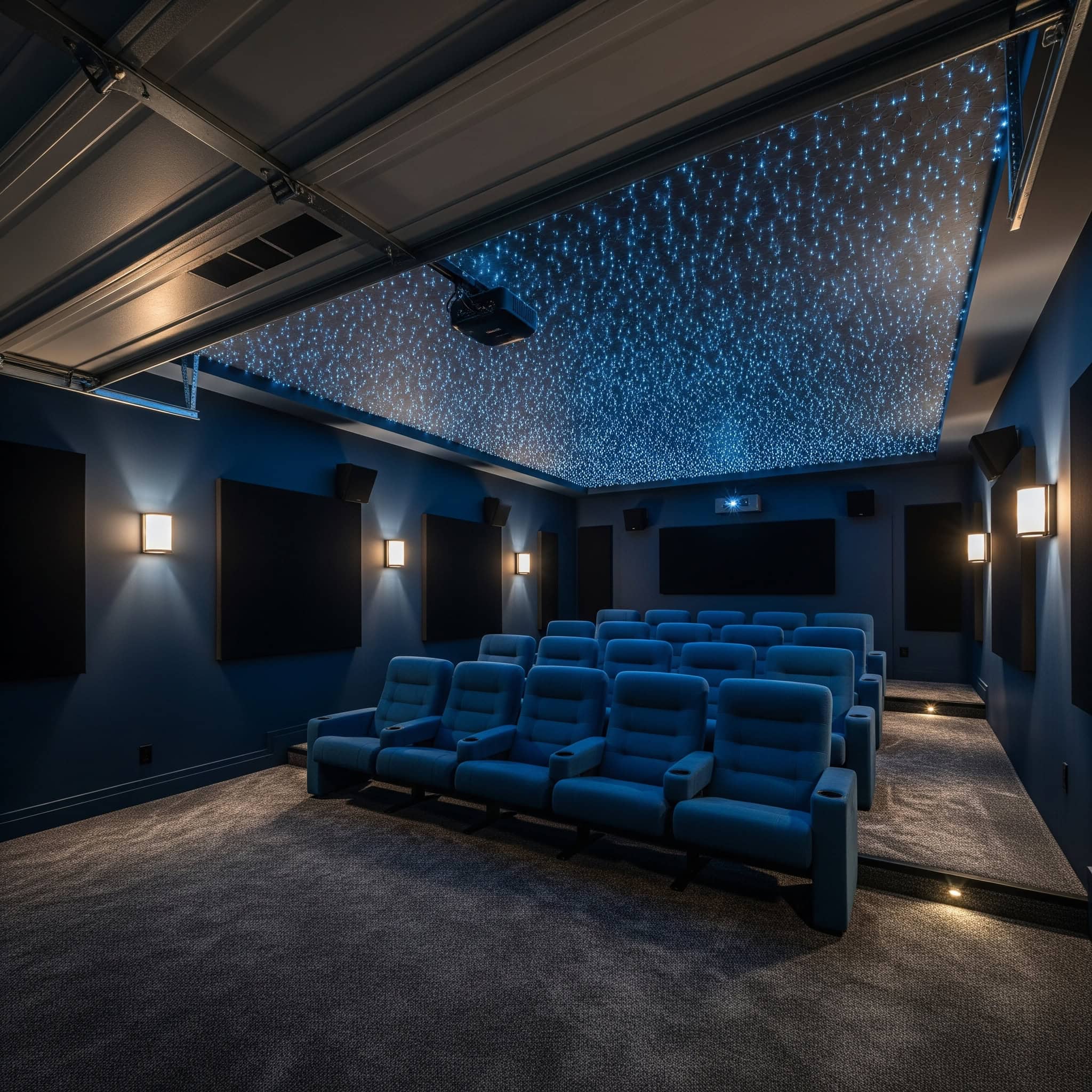 Fiber optic star ceiling in a garage home theater