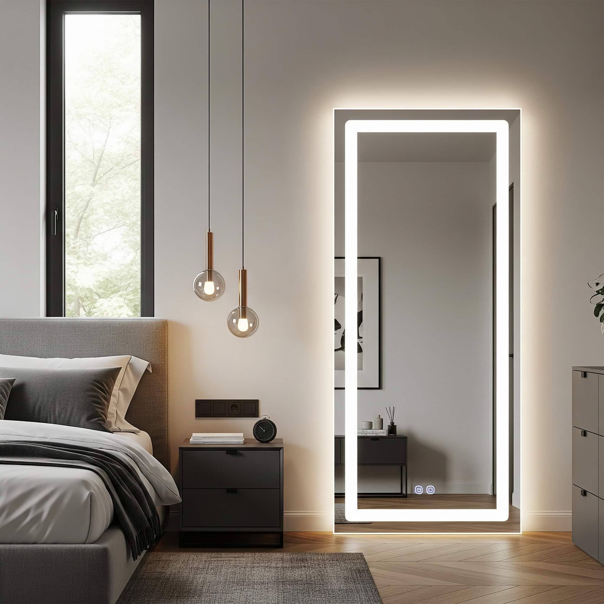 Bedroom featuring a backlit LED mirror.