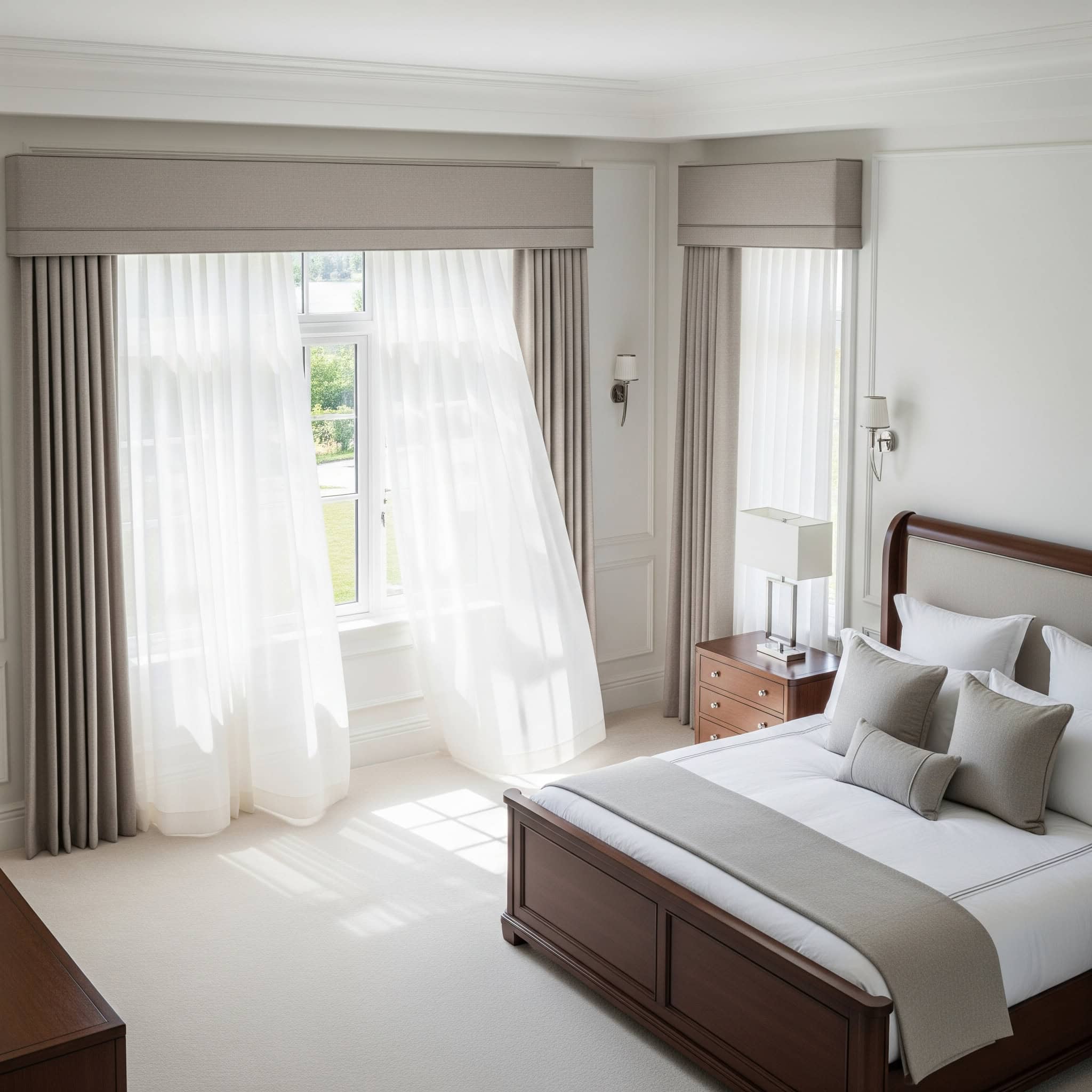 Luxurious bedroom with cornice boxes and coordinating drapery