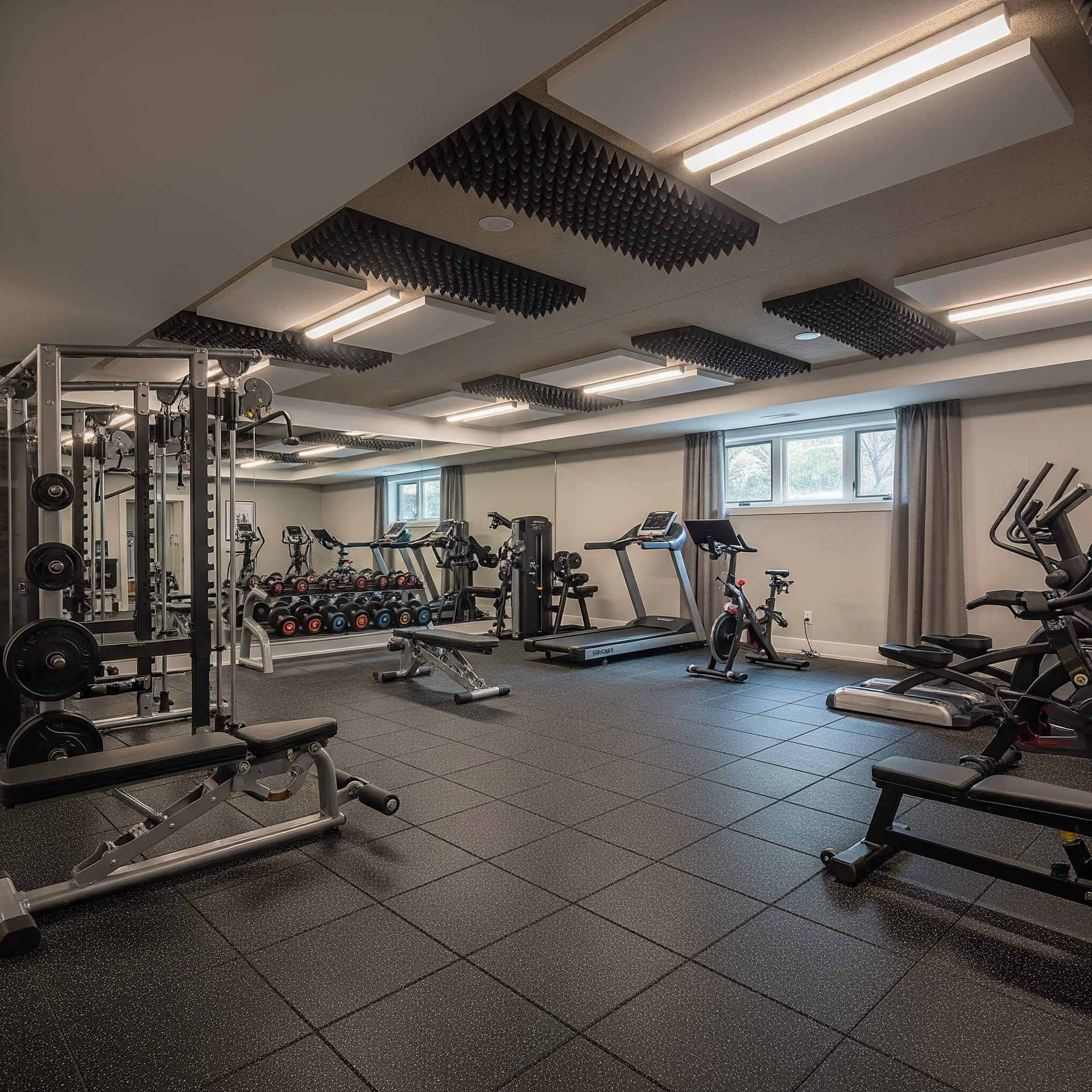 Modern basement gym with sound-dampening features.