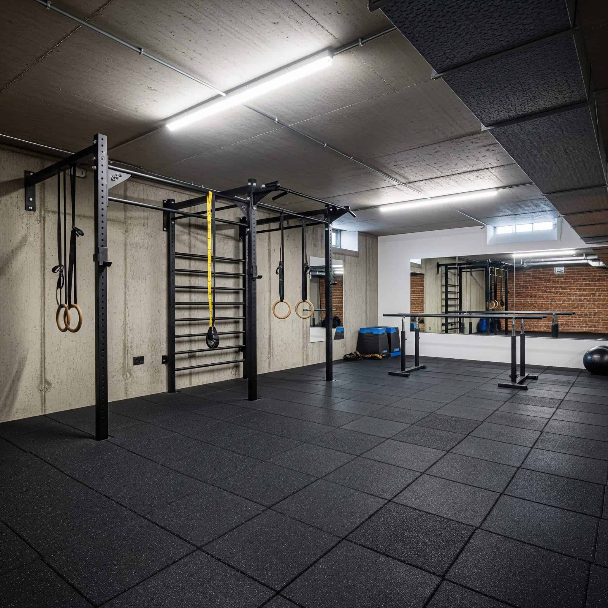 Basement gym with a bodyweight fitness station.