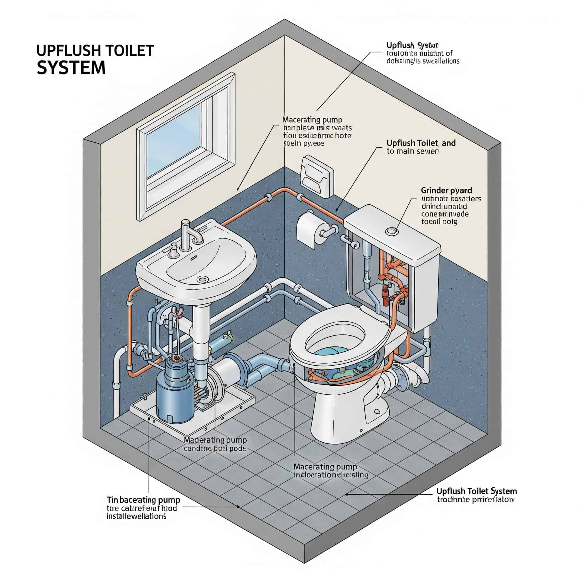 Upflush toilet systems in a basement bathroom.