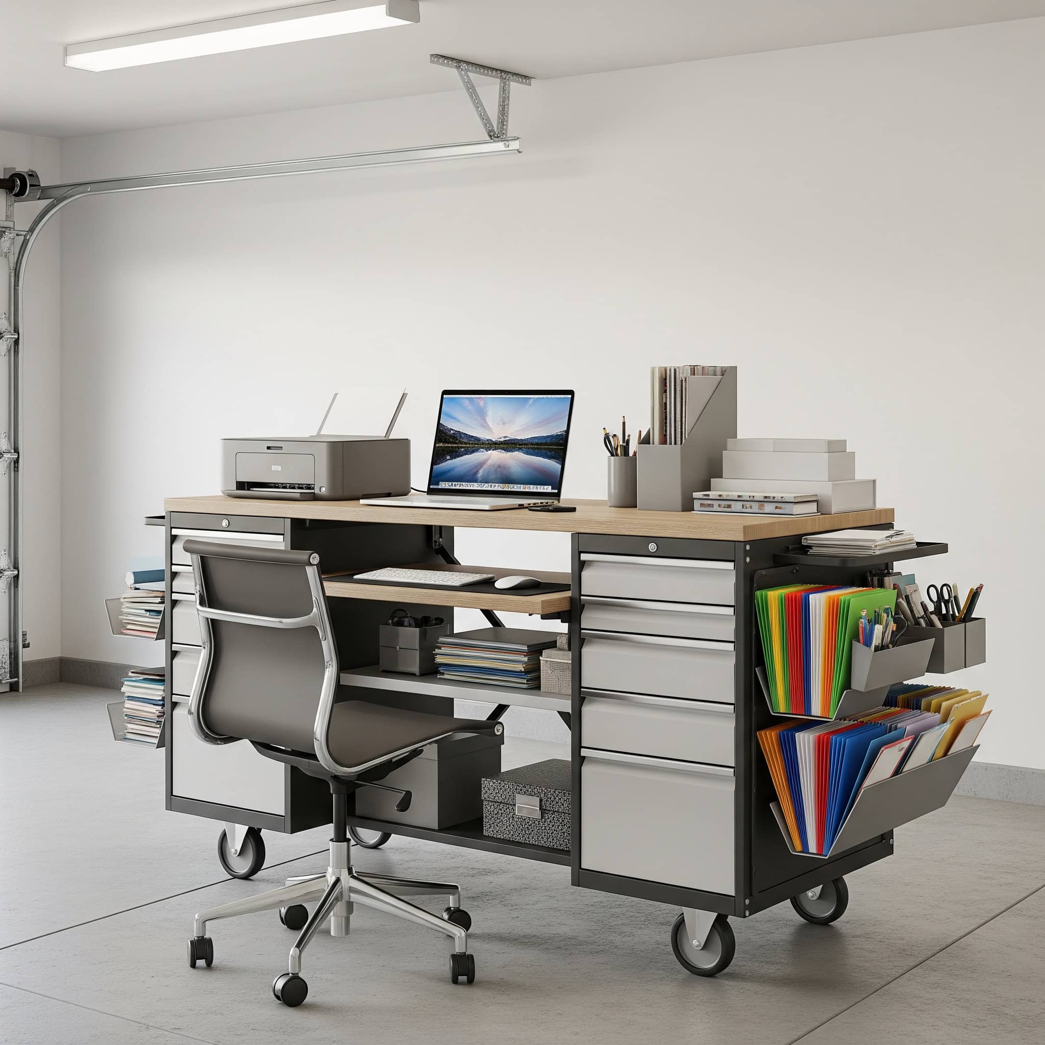 Mobile office cart setup in a garage