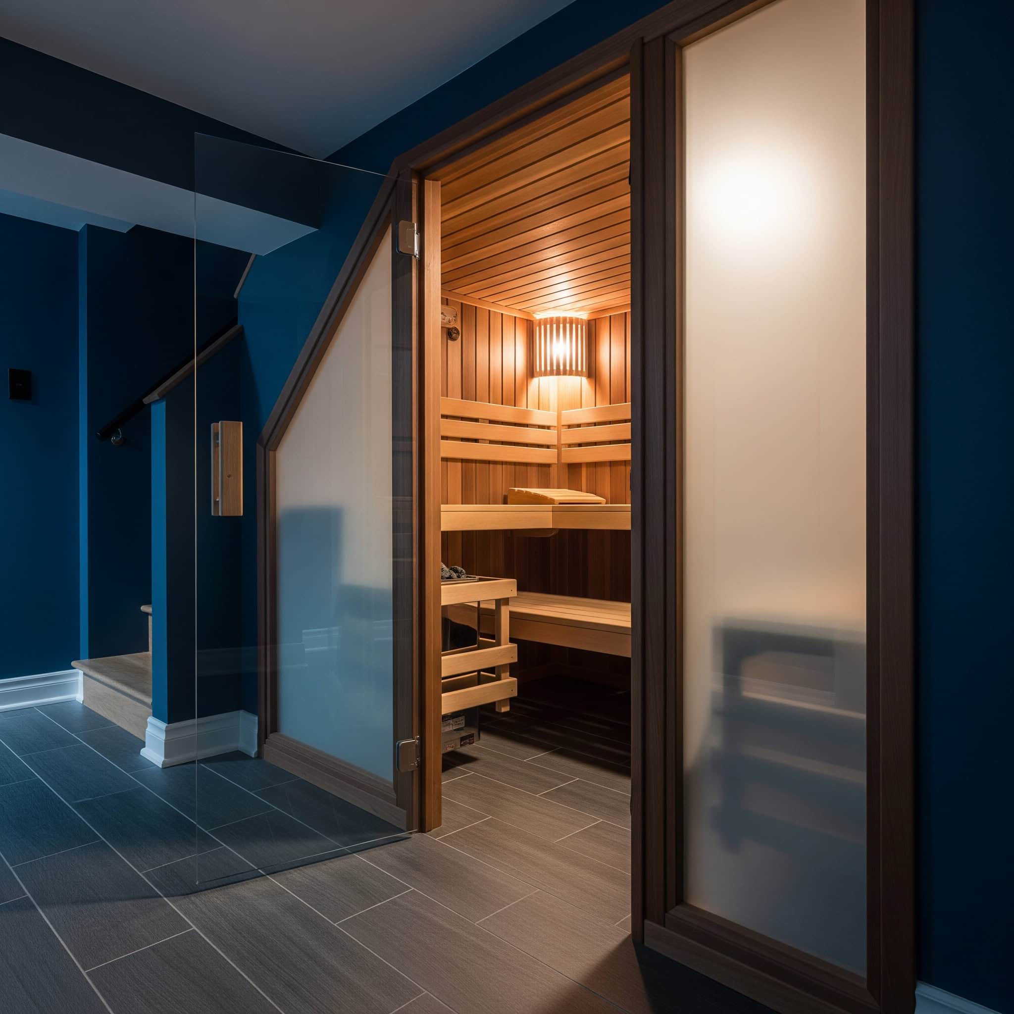 Under-stairs sauna in a basement