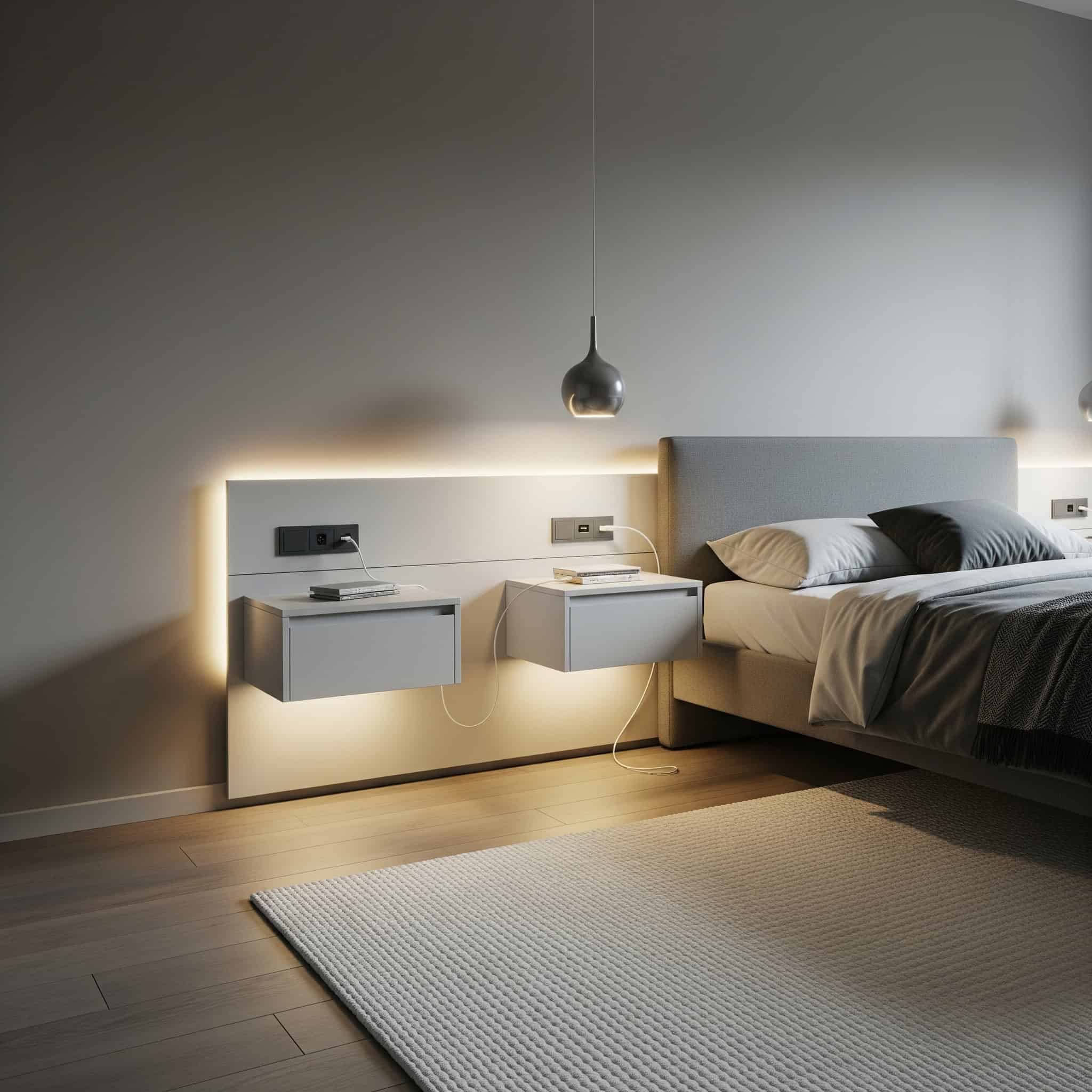 Urban bedroom with wall-mounted nightstands, integrated USB charging ports, drawers, and lighting.