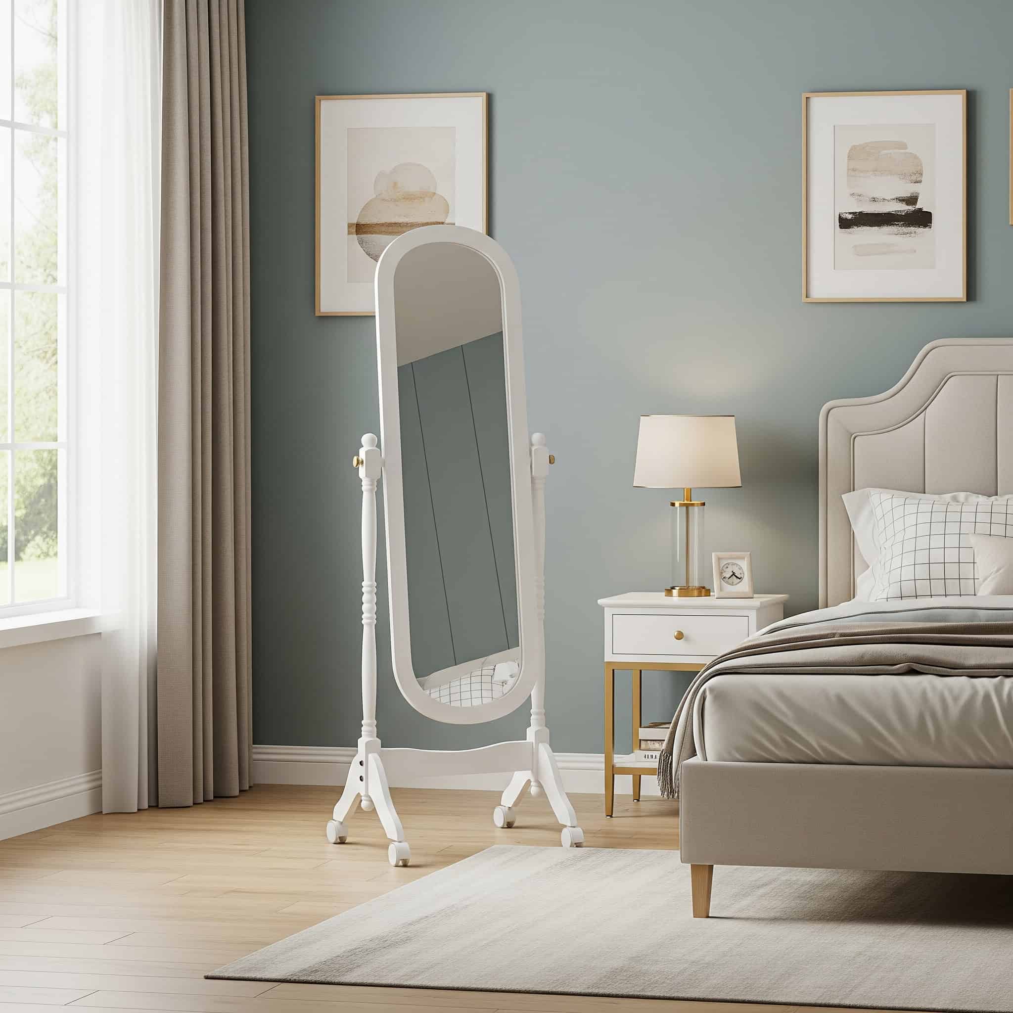 Bedroom with a freestanding cheval mirror.