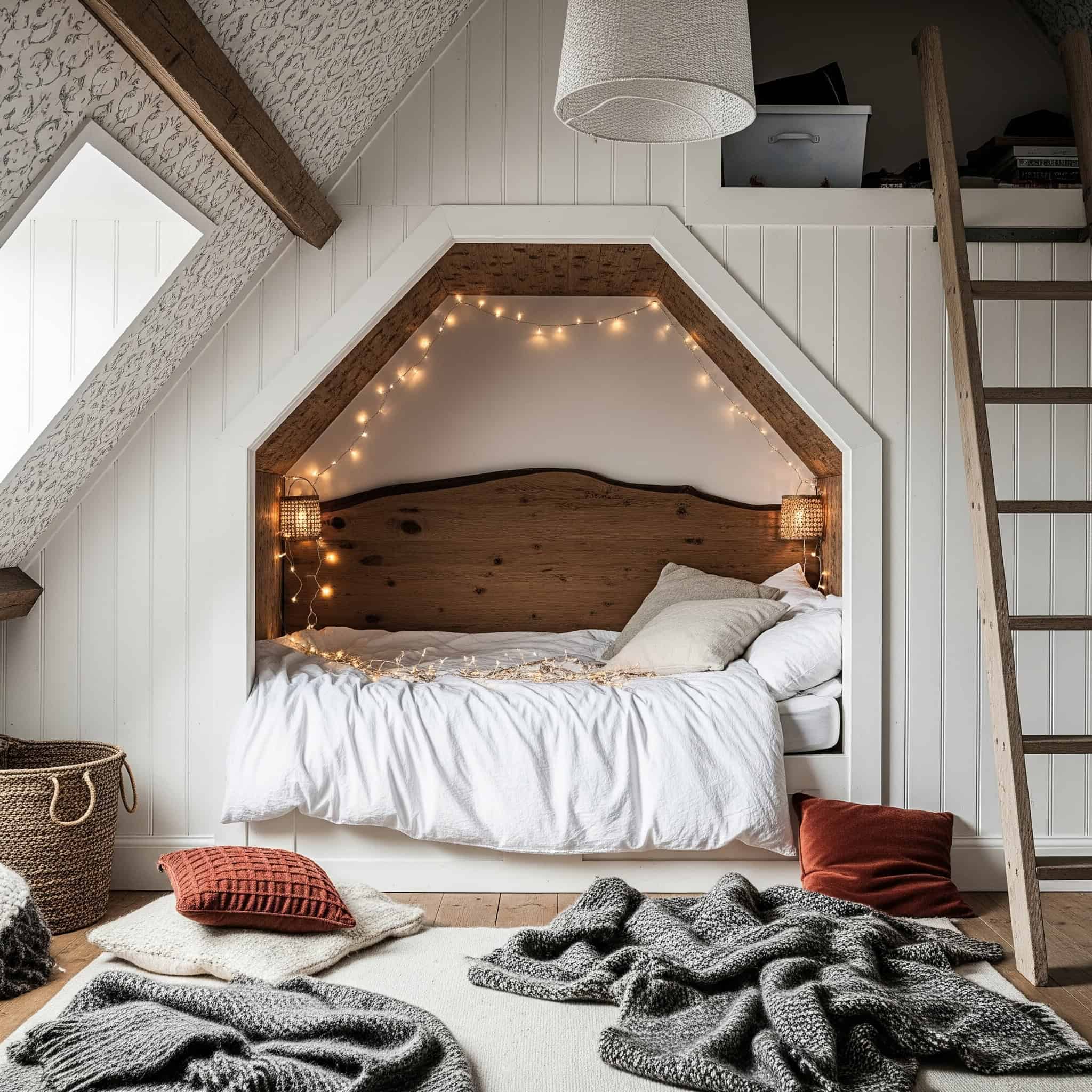Alcove bed nook in an attic bedroom.