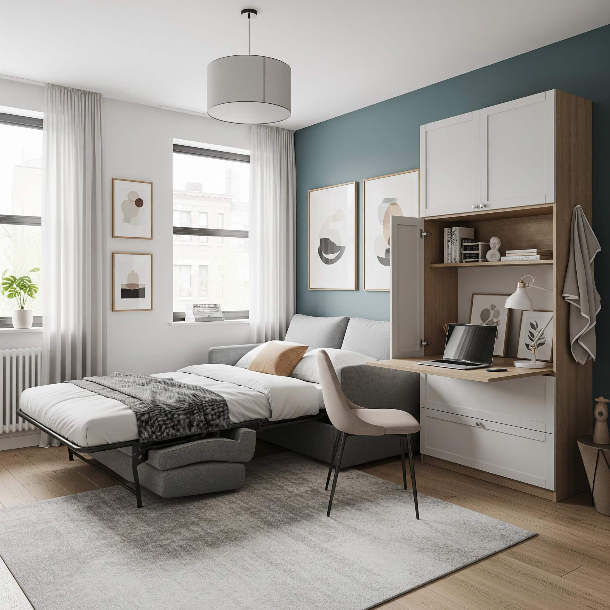 Urban bedroom with multi-functional furniture, a desk that folds away, a sofa bed, and hidden storage