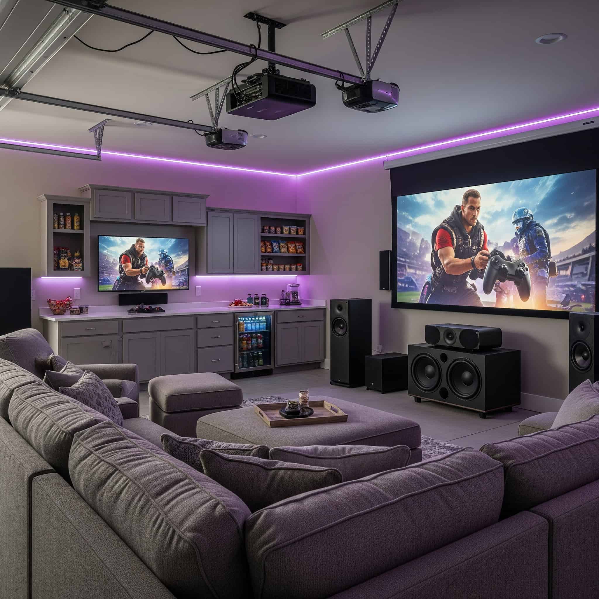 Convert your garage into an entertainment center with projection systems, comfortable seating, sound equipment, and snack storage.